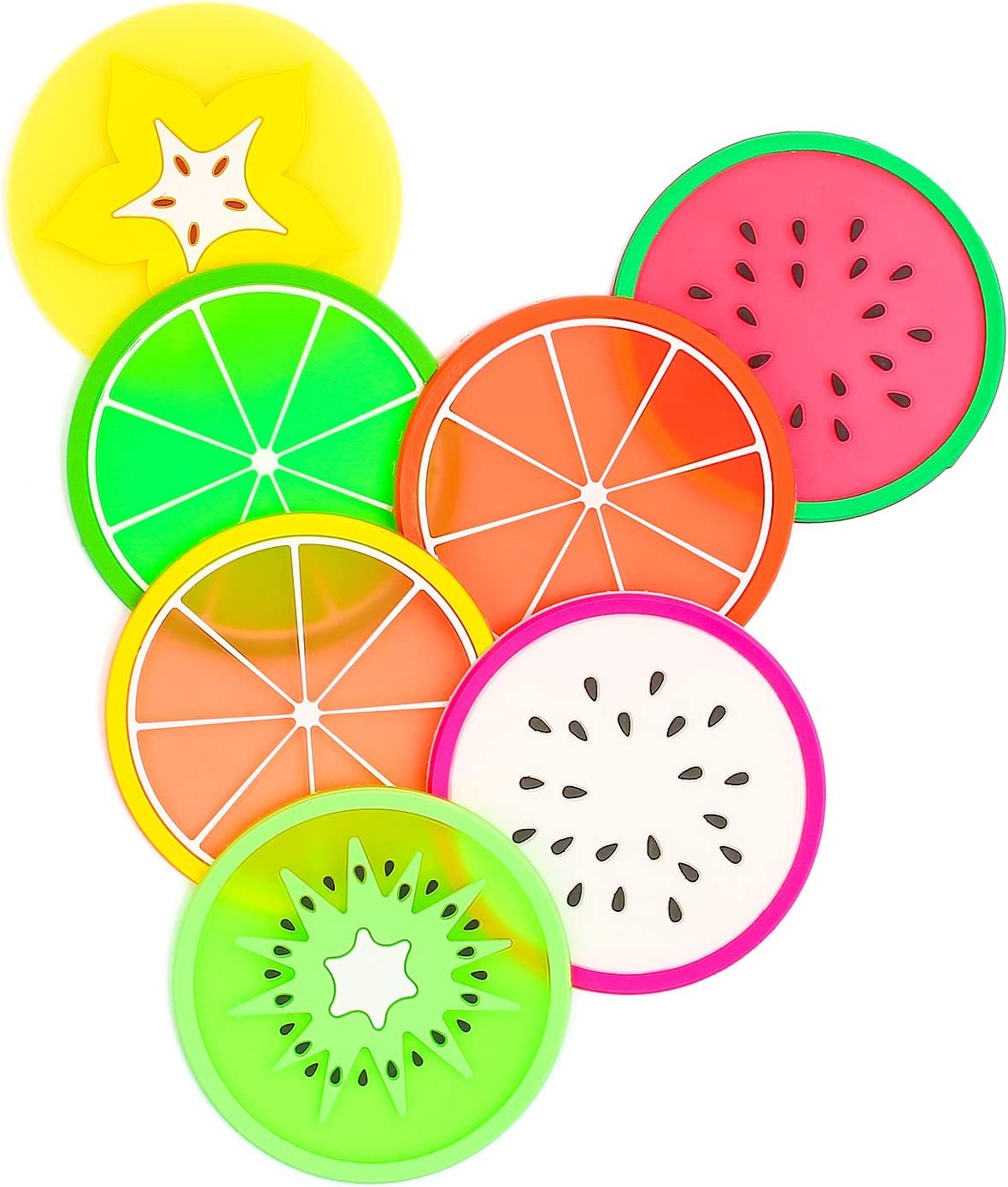 Domestar Fruit Coaster, 7Pcs 3.5'' Non Slip Car Coaster Heat Insulation Colorful Unique Slice Silicone Drink Cup Mat For Drinks