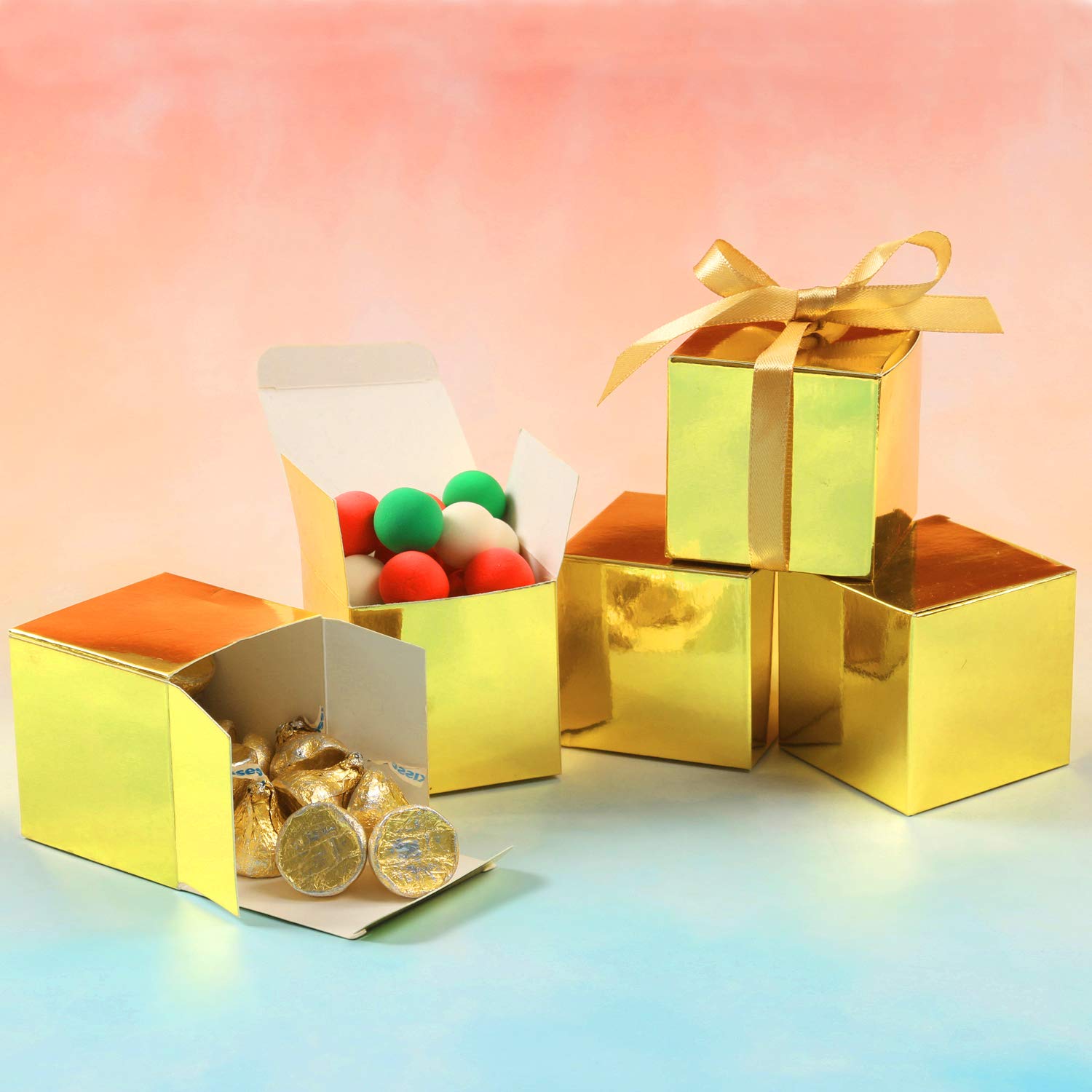 Cotopher 100Pcs Small Gift Boxes, Favor Boxes 2X2X2 Inches Paper Gift Boxes With Ribbons Candy Box For Wedding Favors Baby Showe