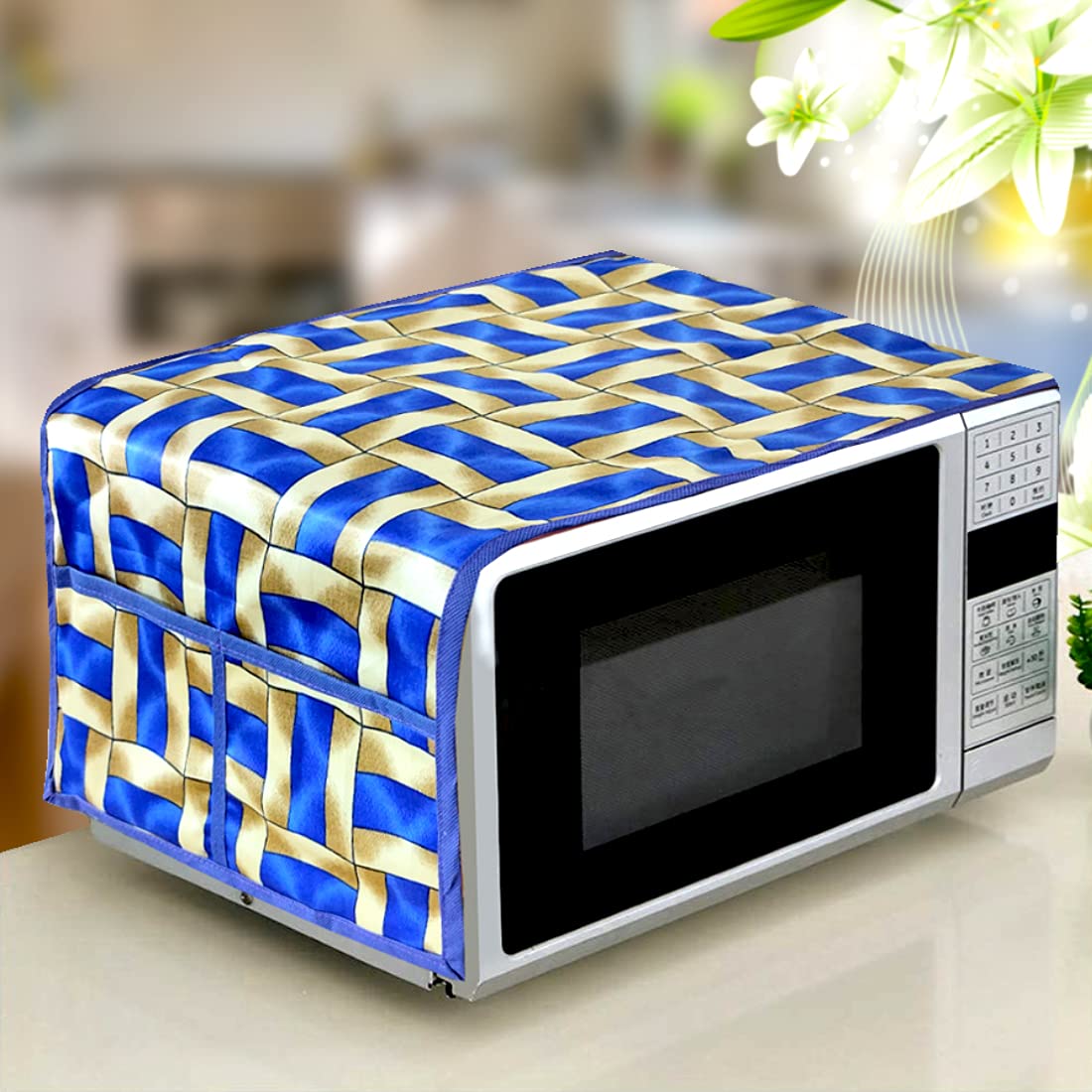Kanushi Industries Microwave/Oven Top Cover With 4 Utility Pockets (Var2-Micro-Blue-Golden-Line-01)
