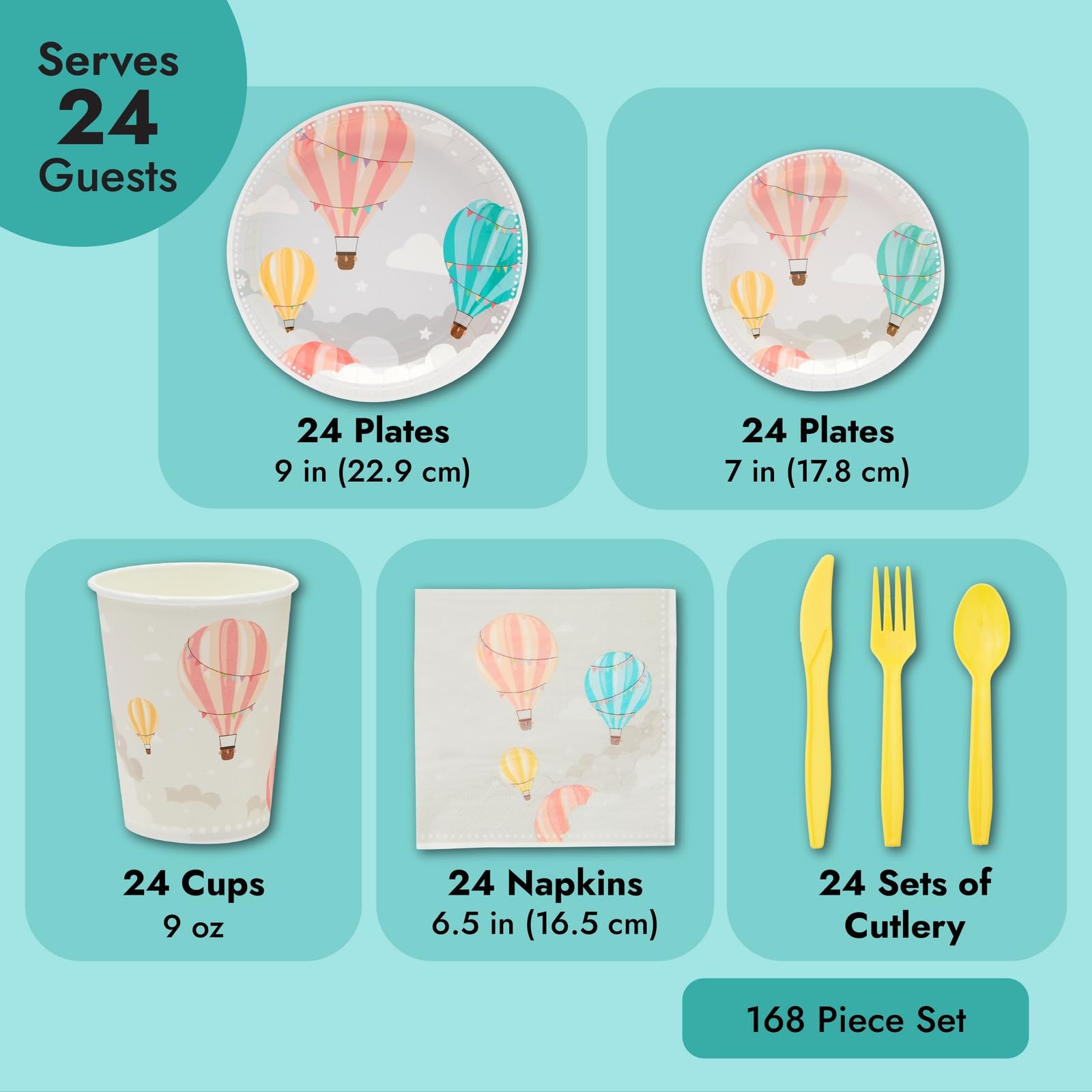 Sparkle And Bash 168-Piece Hot Air Balloon Party Decorations For Baby Shower, Birthday Party, Disposable Dinnerware Set With Pap