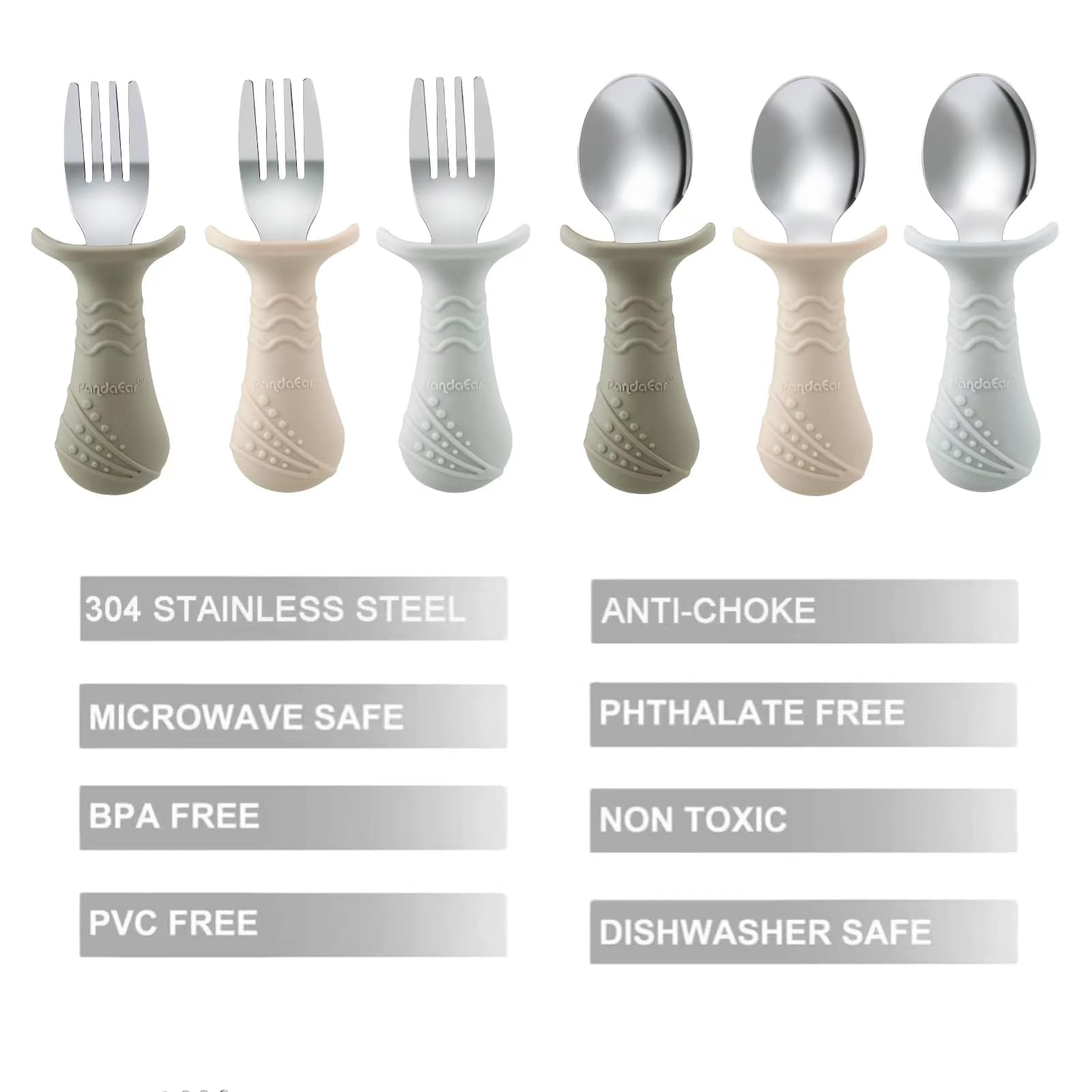 PandaEar Baby Toddler Fork and Spoon Utensil Set, 6 Pack Silicone Stainless Steel Silverware Spoon Fork for Babies Toddler, BPA