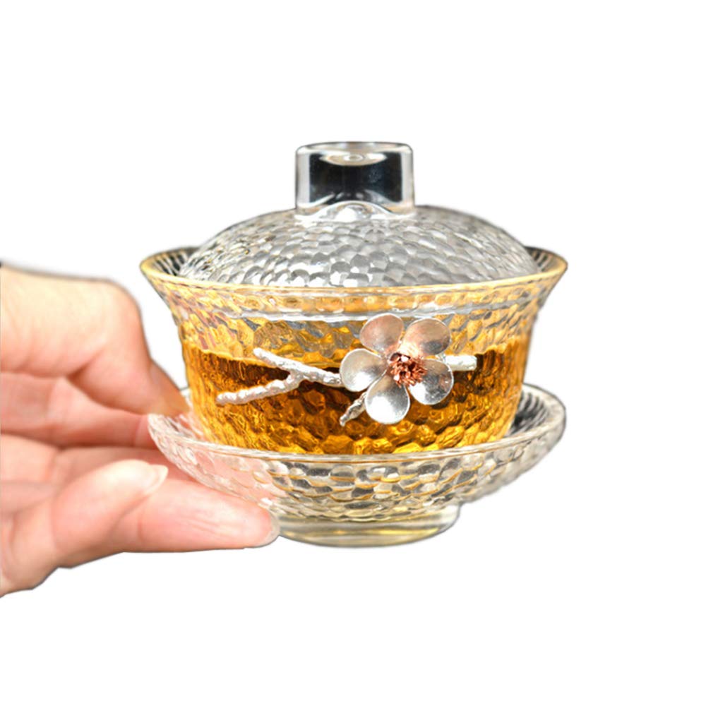 Chinese Glass Gaiwan Traditional Plum Design Kongfu Tea Cup 150Ml,Classic Tea Set Cup With Lid And Saucer