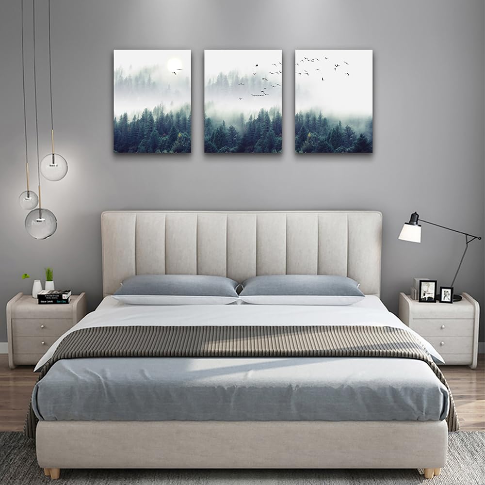 3 Piece Canvas Wall Art for Living Room - Misty Forests of Evergreen Coniferous Trees in an Ethereal Landscape - Modern Home Decor Stretched and Framed Ready to Hang - 16''x24''x3 Panels wall decor