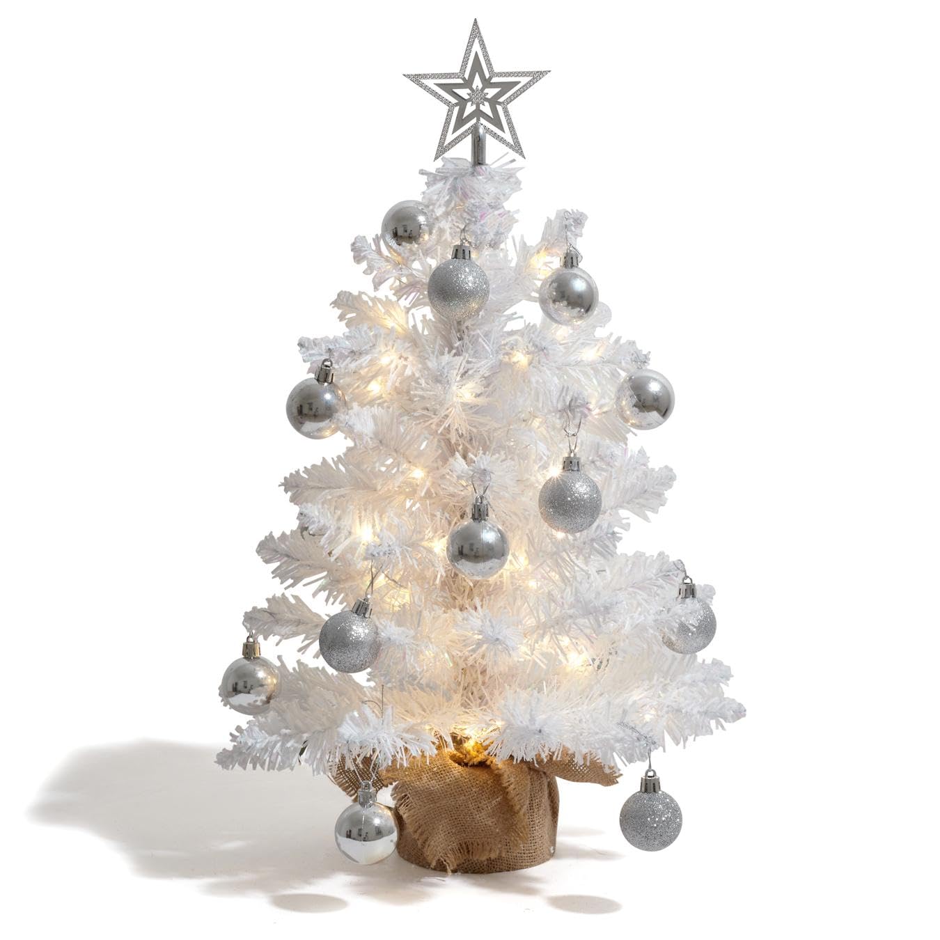 Tyynsst 20in Prelit Christmas Tree w/Warm White Lights, Small Flocked Artificial Christmas Tree, 50 Branch Tips, Ball & Star Orn