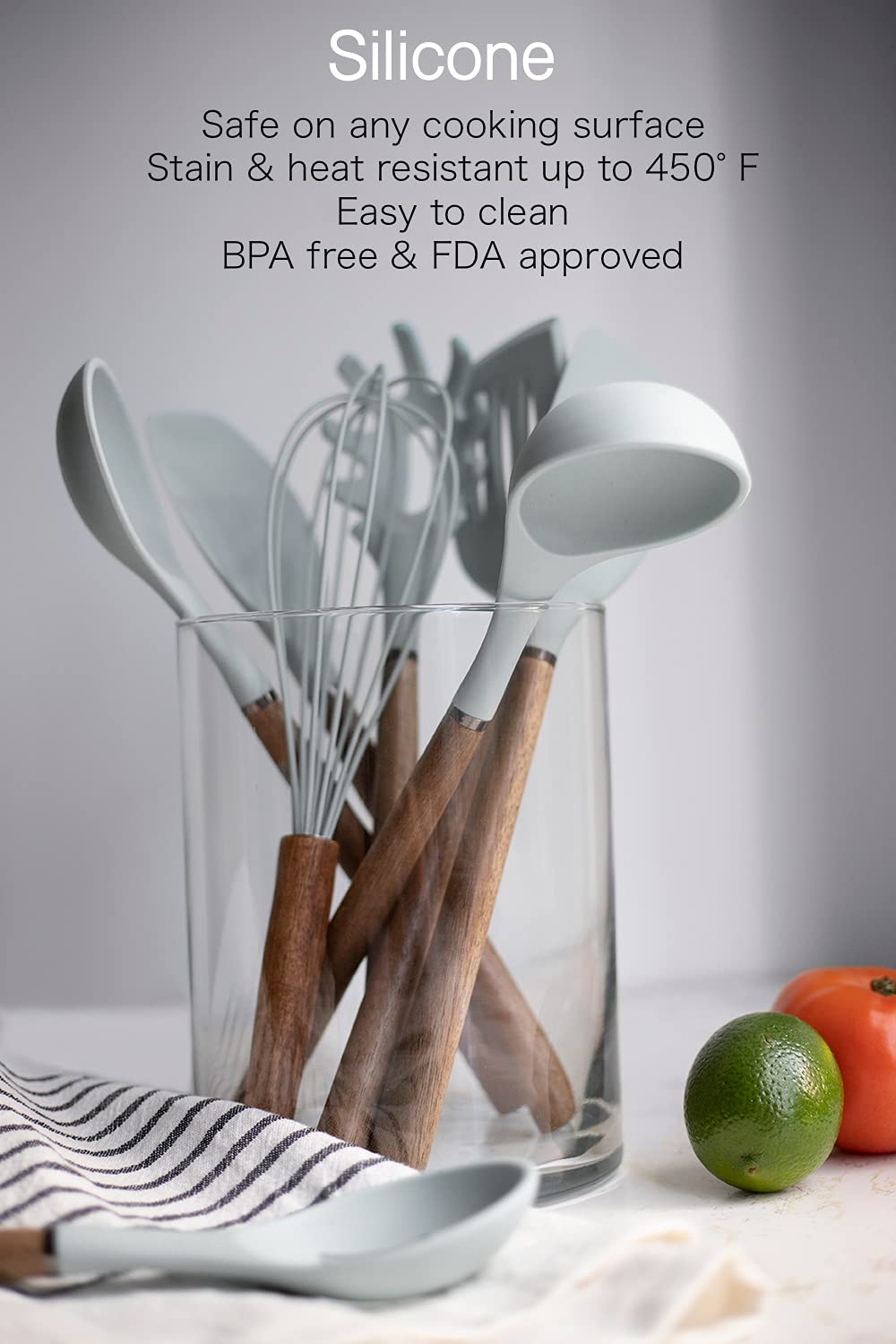 Country Kitchen 8 Pc Non Stick Silicone Utensil Set With Rounded Wood Handles For Cooking And Baking - White