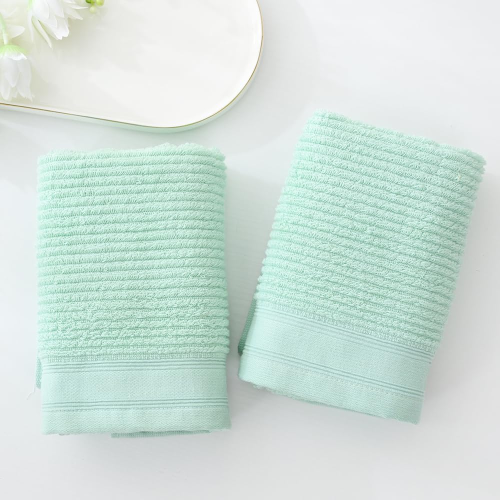 Yiluomo Ribbed Striped Hand Towel Set Of 2 Soft And Absorbent 100% Cotton Bathroom Hand Towel Decorative 13 X 29 Inch (Green)