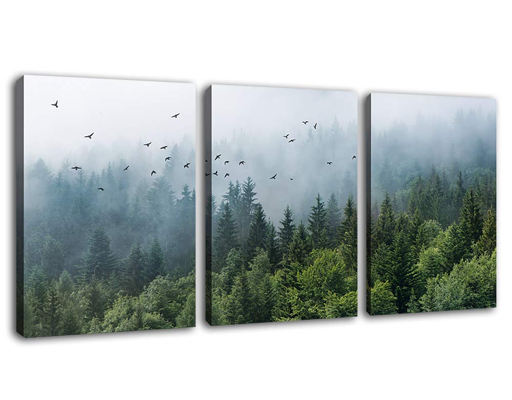 Green Forest Wall Art Tropical Foggy Forest Mountain Bird Contemporary Canvas Pictures Modern Artwork Framed For Bathroom Bedroo