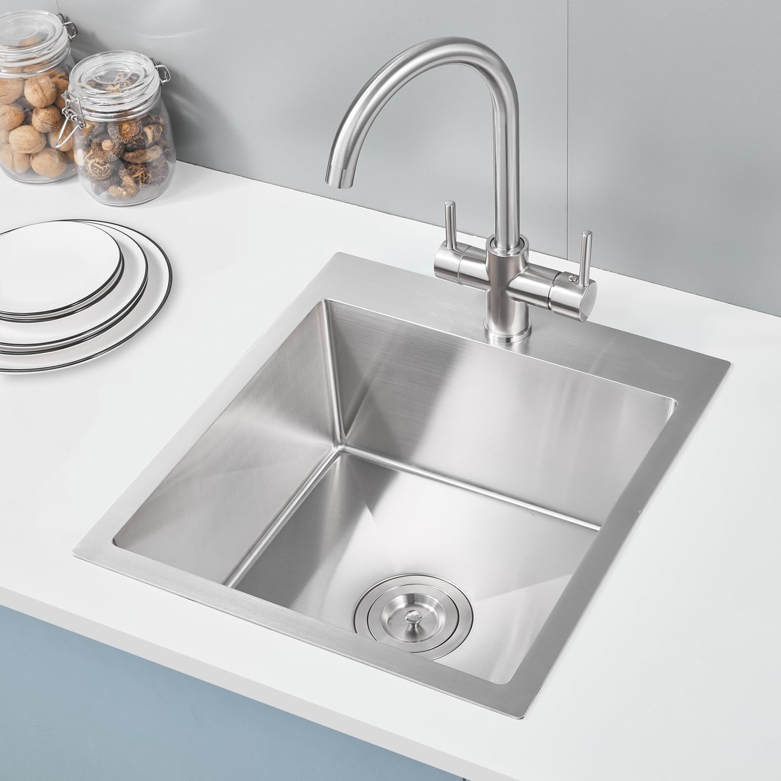 Rovogo 17X19X8 In. Bar Sink Drop In, Top Mount Kitchen Sink Single Bowl 304 Stainless Steel, Small Wet Bar Prep Sink With 1 Hole