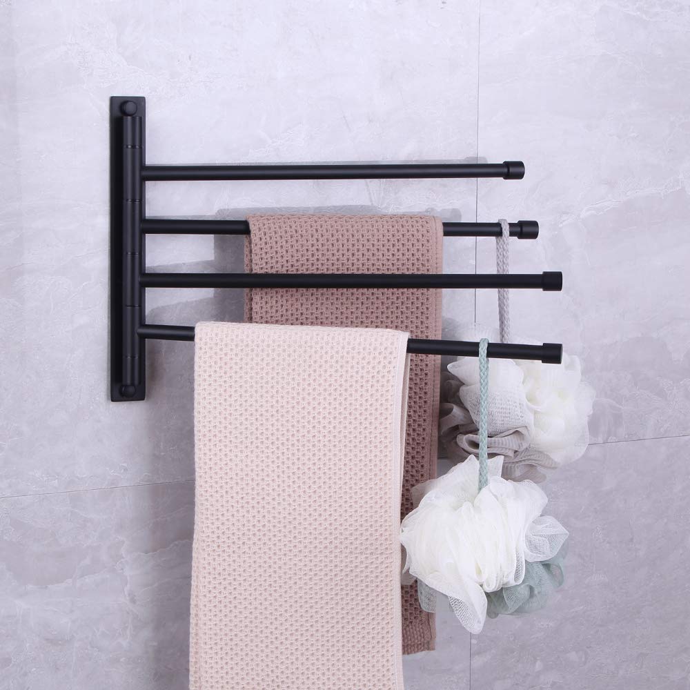 Kimzcn Swivel Hand Towel Bar Bathroom Swing Hanger Towel Rack Holder Matte Black Finish, Wall Mounted, 4-Arm