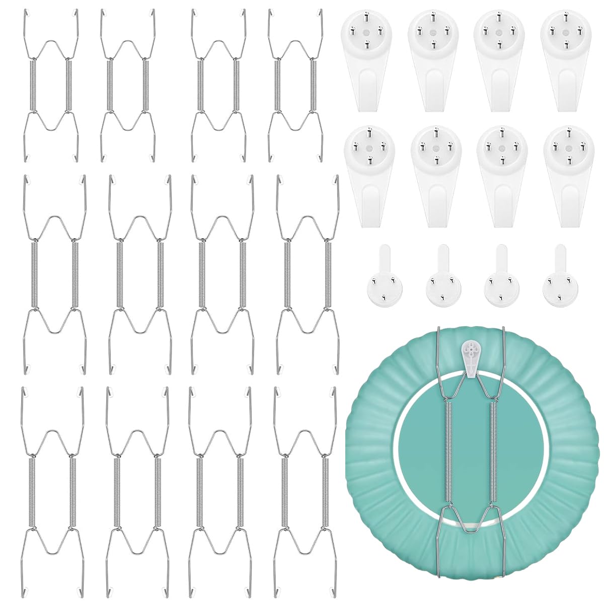 HASTHIP 12Pcs Invisible Wall Plate Hangers, Stainless Steel Dish Display Plate Metal Hangers, Spring Hook Holder with 12 Pieces 