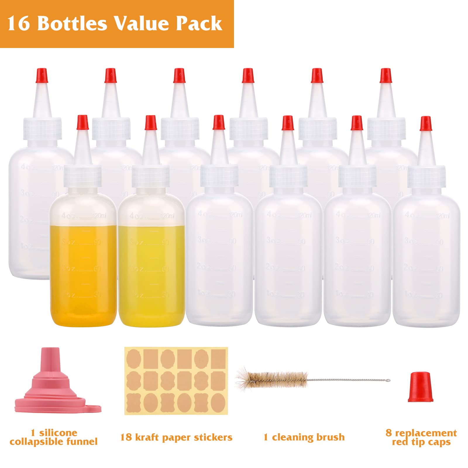 Cucumi 16Pcs 4Oz Plastic Squeeze Bottles, With Red Tip Caps And Measurement, With Extra 1 Funnel, 18 Kraft Paper Stickers And 1