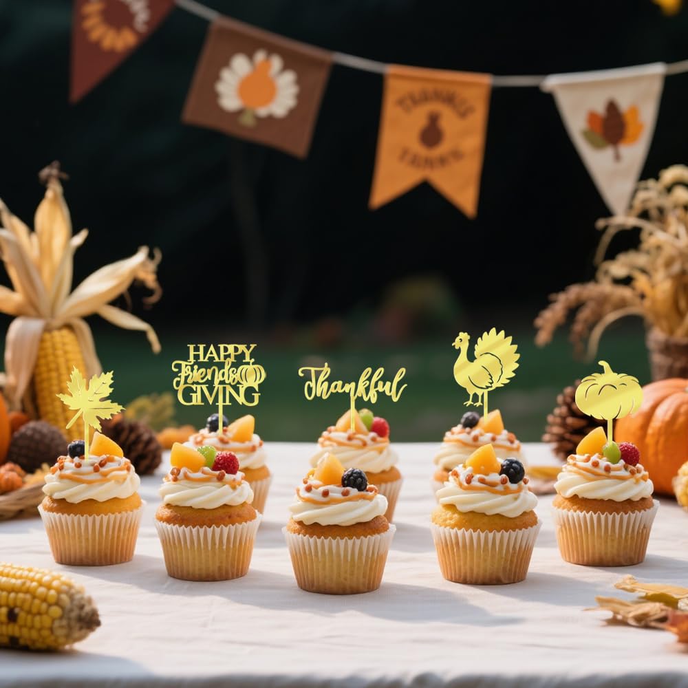 YUINYO Mirror acrylic Thanksgiving Cupcake Toppers, 12 Pcs Fall Themed Cupcake Toppers Turkey Maple Leaf Pumpkin Cake Picks for