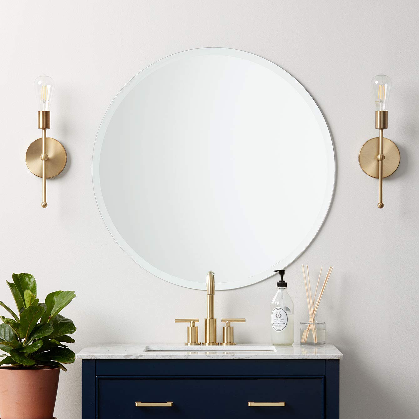 Better Bevel Frameless Round Mirror, 28'' Diameter Circle Bathroom Wall Mirror W/Beveled Edge