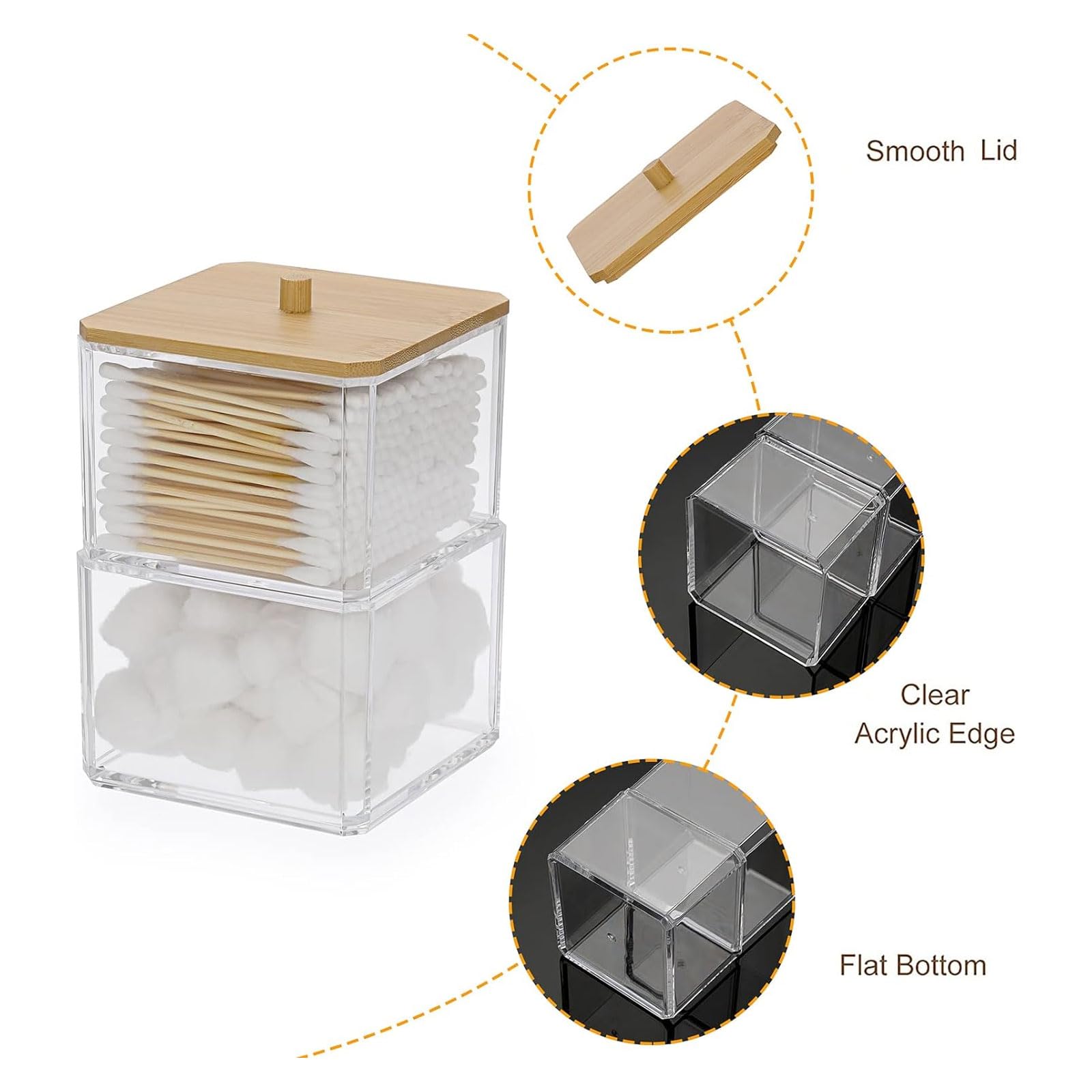 Hipiwe Clear Q-Tip Dispenser Holder Acrylic Bathroom Containers 2-Tier Square Apothecary Jar With Lid Canister Cotton Swab And B