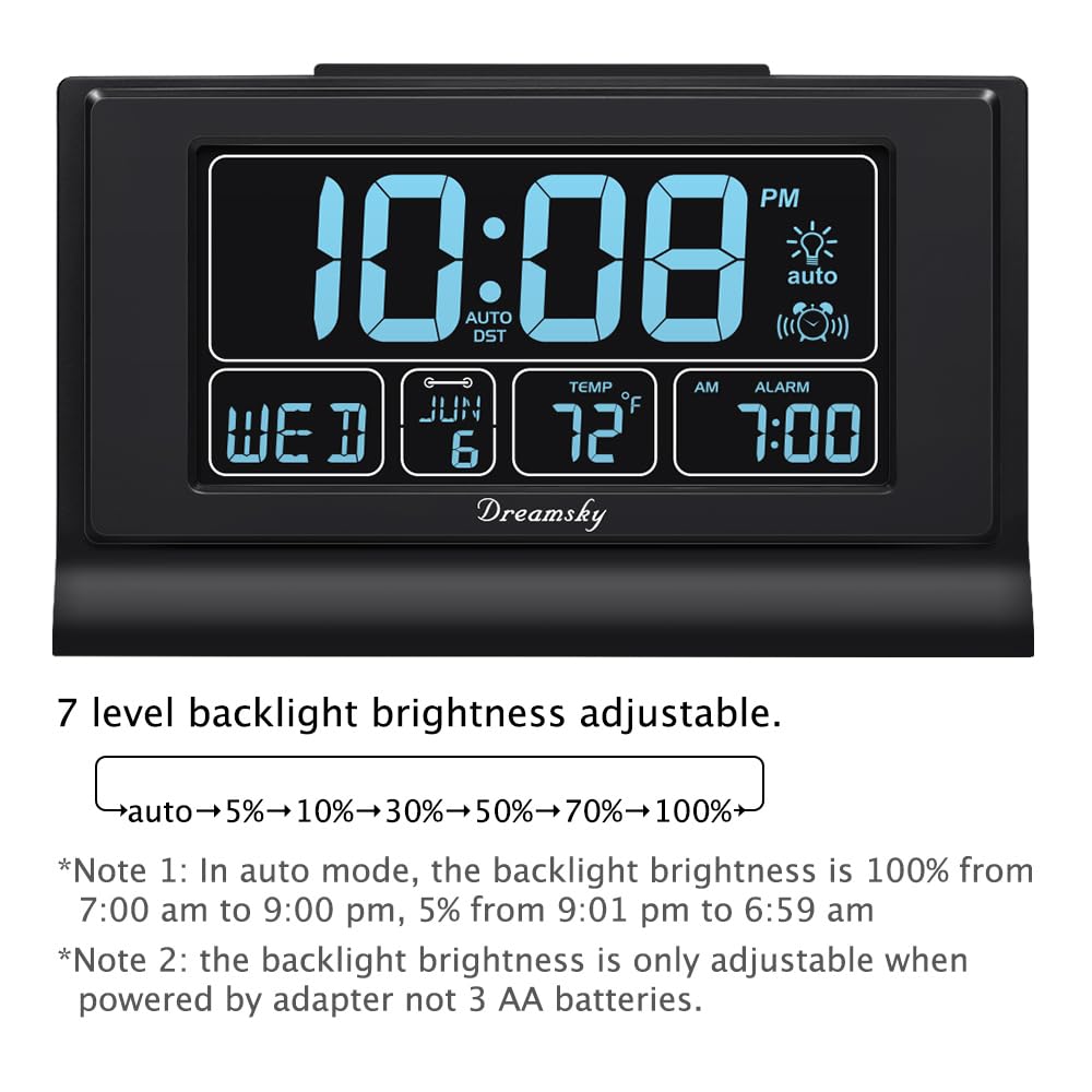 DreamSky Auto Set Alarm Clock with Humidity, Indoor Temperature, Moon Phase, Bedroom Electric Clocks with Battery Backup, Large