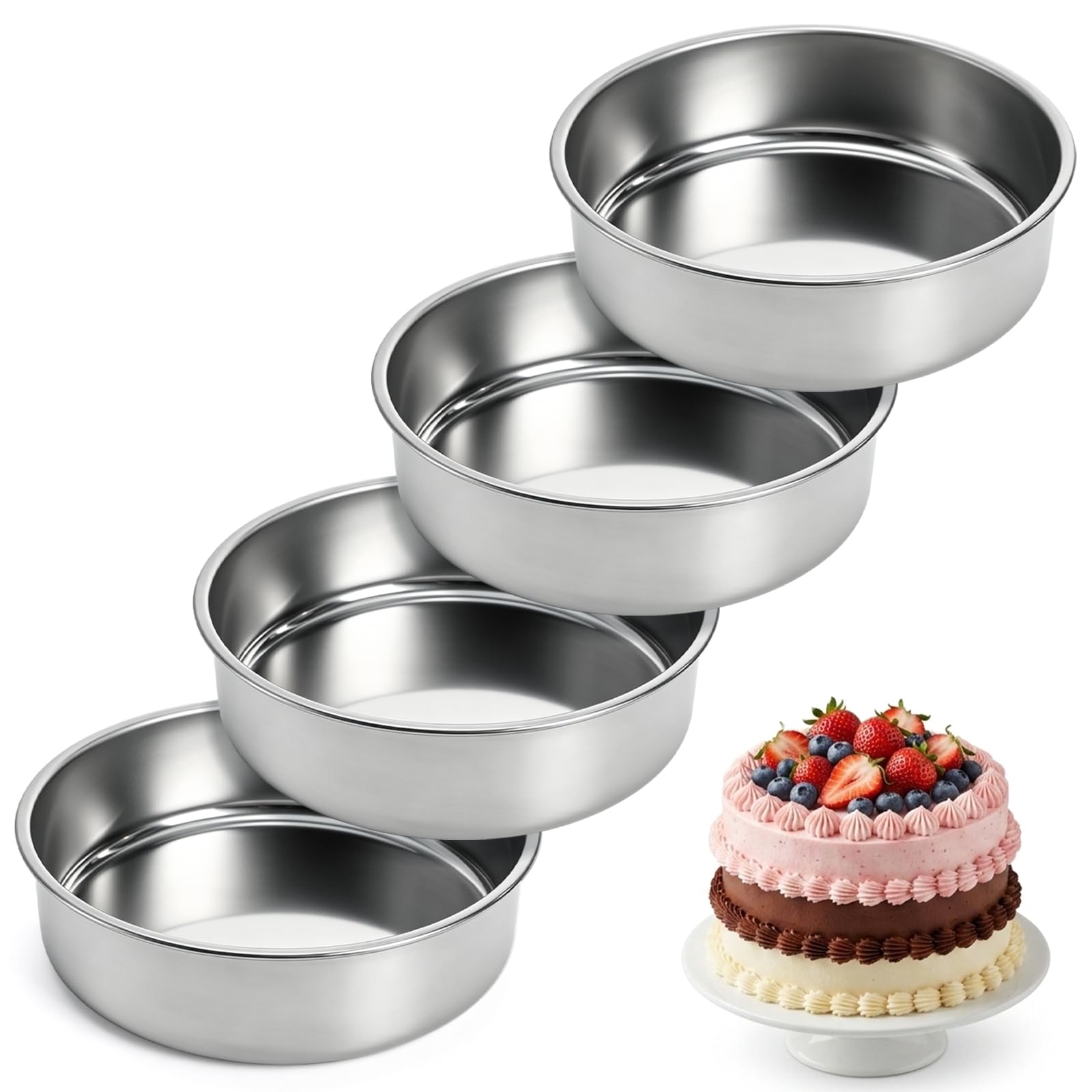 Hacaroa 4 Pcs 8 Inch Stainless Steel Cake Pans, Round Layer Baking Pans