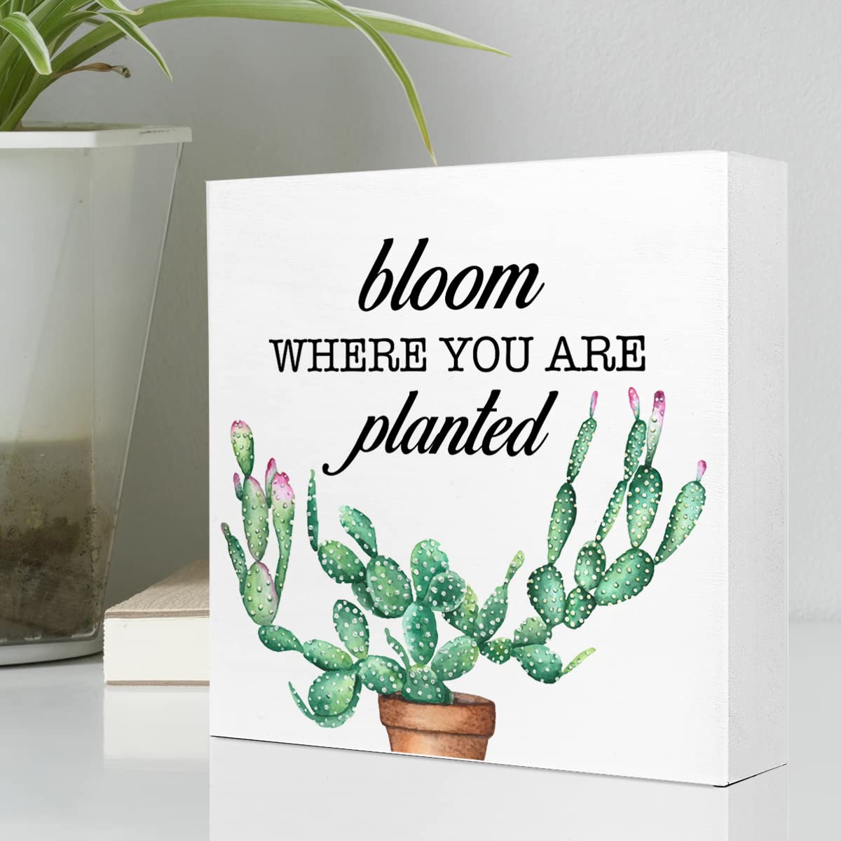 Bloom Where You are Planted Wooden Sign Desk Decor,Farmhouse Cactus Wood Block Sign Desk Decorations for Home Kitchen Room Garde