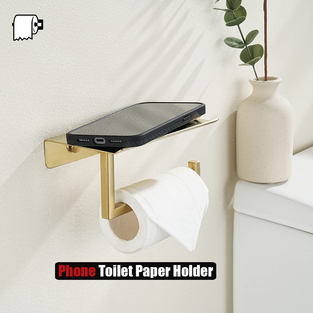 Jqk Toilet Paper Holder Shelf, Bathroom Tissue Roll Holder With Phone Shelf, 5 Inch 304 Stainless Steel Tissue Paper Dispenser,