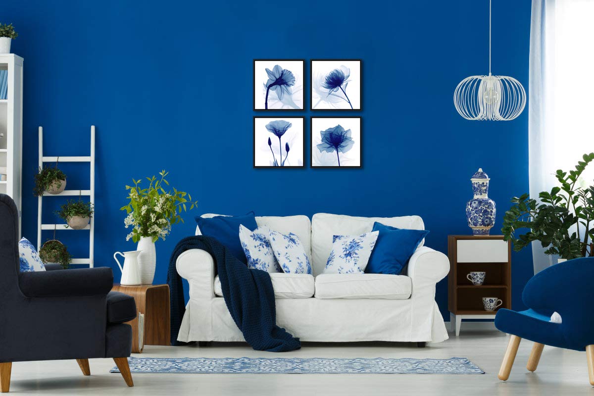 Pyradecor Black Framed Blue Flickering Flower Modern Abstract Paintings Canvas Wall Art Grace Floral Pictures On Canvas Prints 4