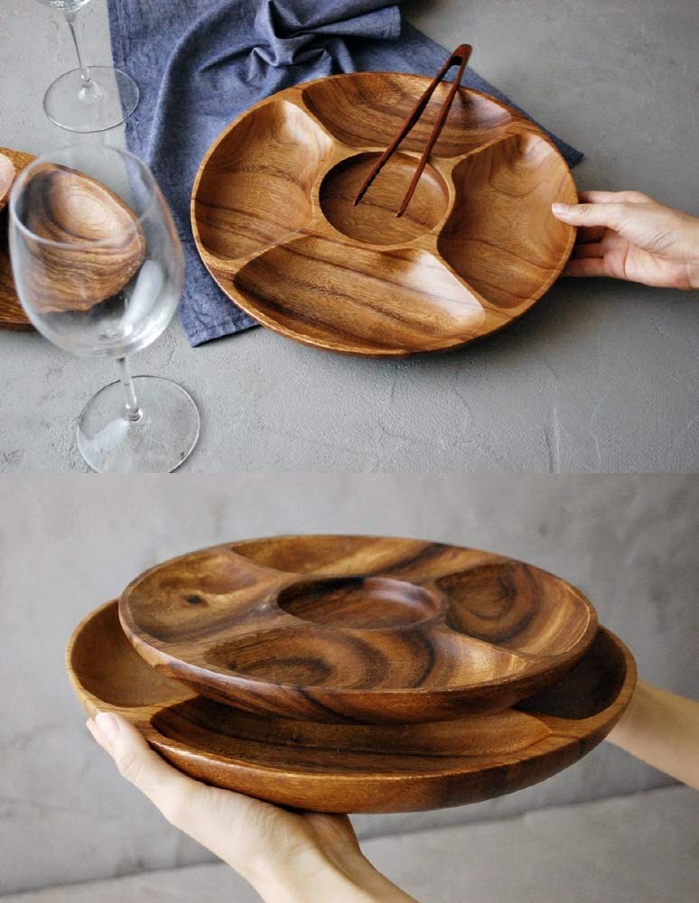 Diameter 12'' Premium Acacia Wooden 5-Compartment Divided Round Wood Plate Divided Dessert Serving Trays Platters 5 Section