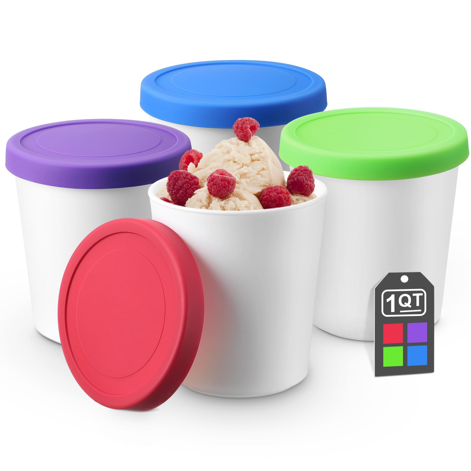 Uiifan 4 Pcs 1 Qt Ice Cream Containers For Homemade Ice Cream Reusable Ice Cream Storage Containers With Silicone Lids For Freez