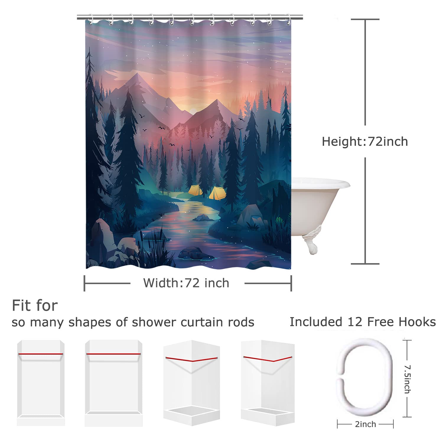 RosieLily Trippy Shower Curtain  Mountain Shower Curtain  Forest Shower Curtain  Cool Shower Curtain  Tree Shower Curtain Set with 12 Hooks  Bathroom Decor  72X72 inches