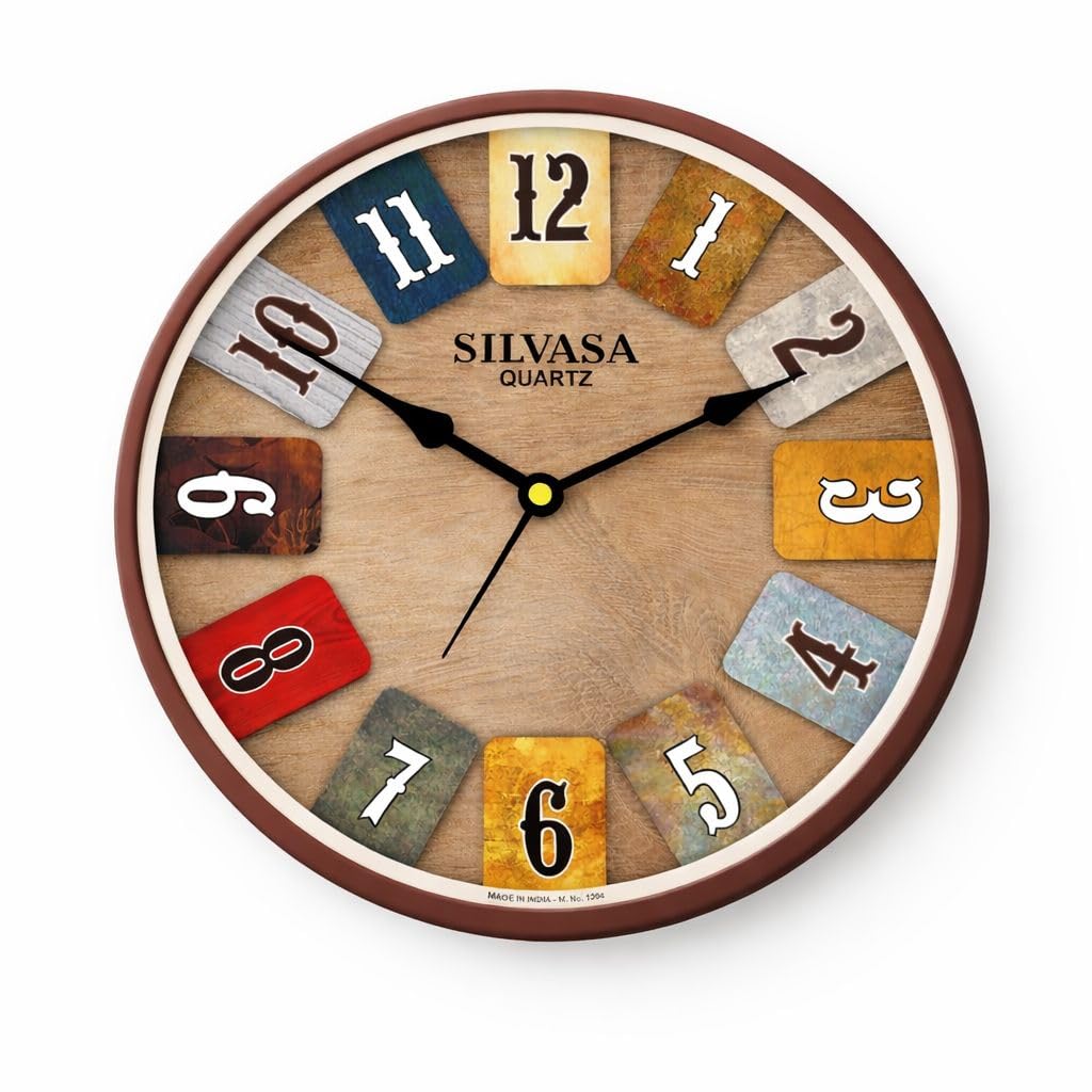 Silvasa 13-Inch Plastic & Glass Analog Wall Clock, Colorful Wooden Numbers, Rustic Vintage Design, Round Shape, Brown Frame | Wa