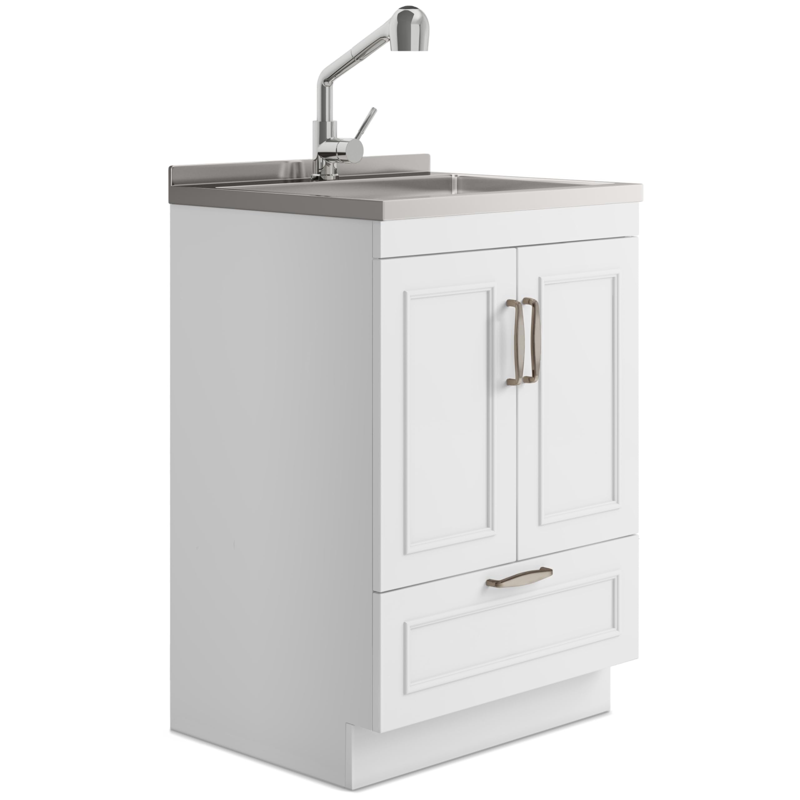 SIMPLIHOME Cardinal All-in-One 24 inch Wide Utility Sink and Laundry Cabinet in Pure White Finish, Transitional Stainless Steel 