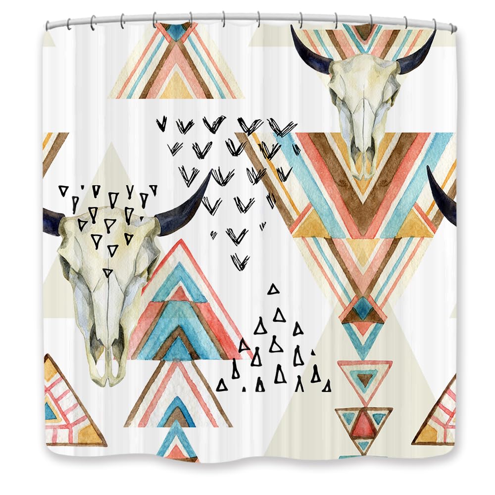 Jawo Western Boho Shower Curtain Native Aztec Tribal Bull Skull Southwestern Cow Bohemian Geometric Pattern West Bathroom Decor