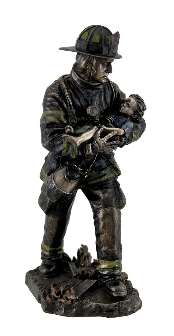 Resin Statues Firefighter Carrying Child Metallic Bronze Statue 11 Inches Tall 5 X 11 X 4.5 Inches Bronze