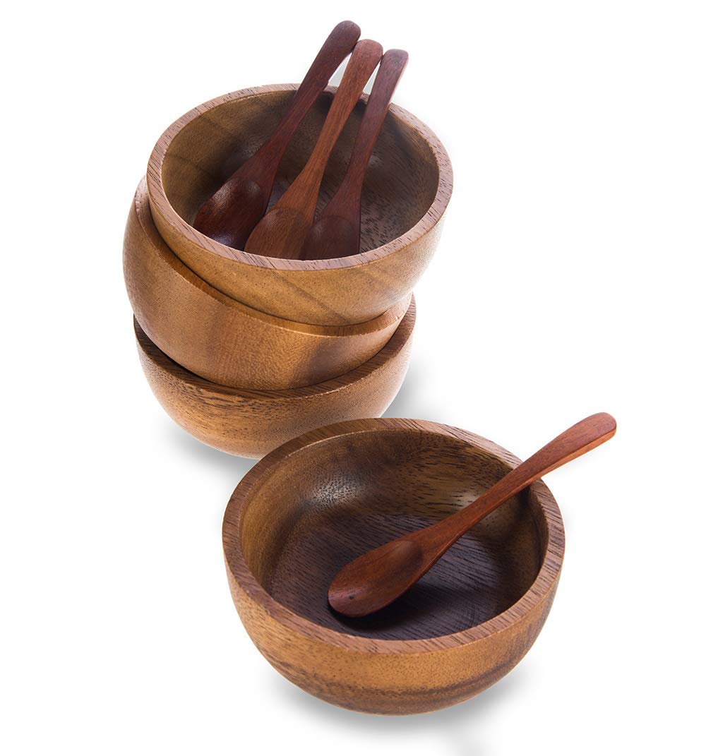 Bestysuperstore Small Round Wood Bowls 4 Pcs 3 '' Diameter 1 '' High Stackable Acacia Wooden Bowl Set With 4 Spoons For Serving