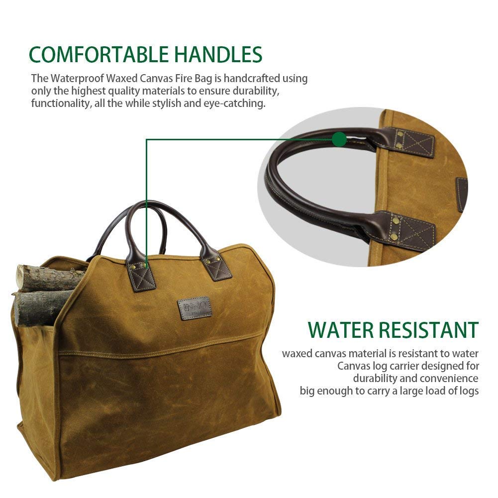 Inno Stage Heavy Duty Wax Canvas Log Carrier Tote,Large Fire Wood Bag,Durable Firewood Holder,Canvas Shopping Bags, Fireplace Wo
