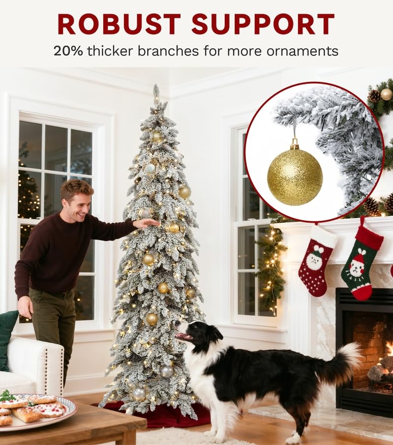 DWVO Pre-Lit Flocked Slender Spruce Artificial Christmas Tree Adorned with 72 Pine Cones, 11 FT Authentic Layered Christmas Tree