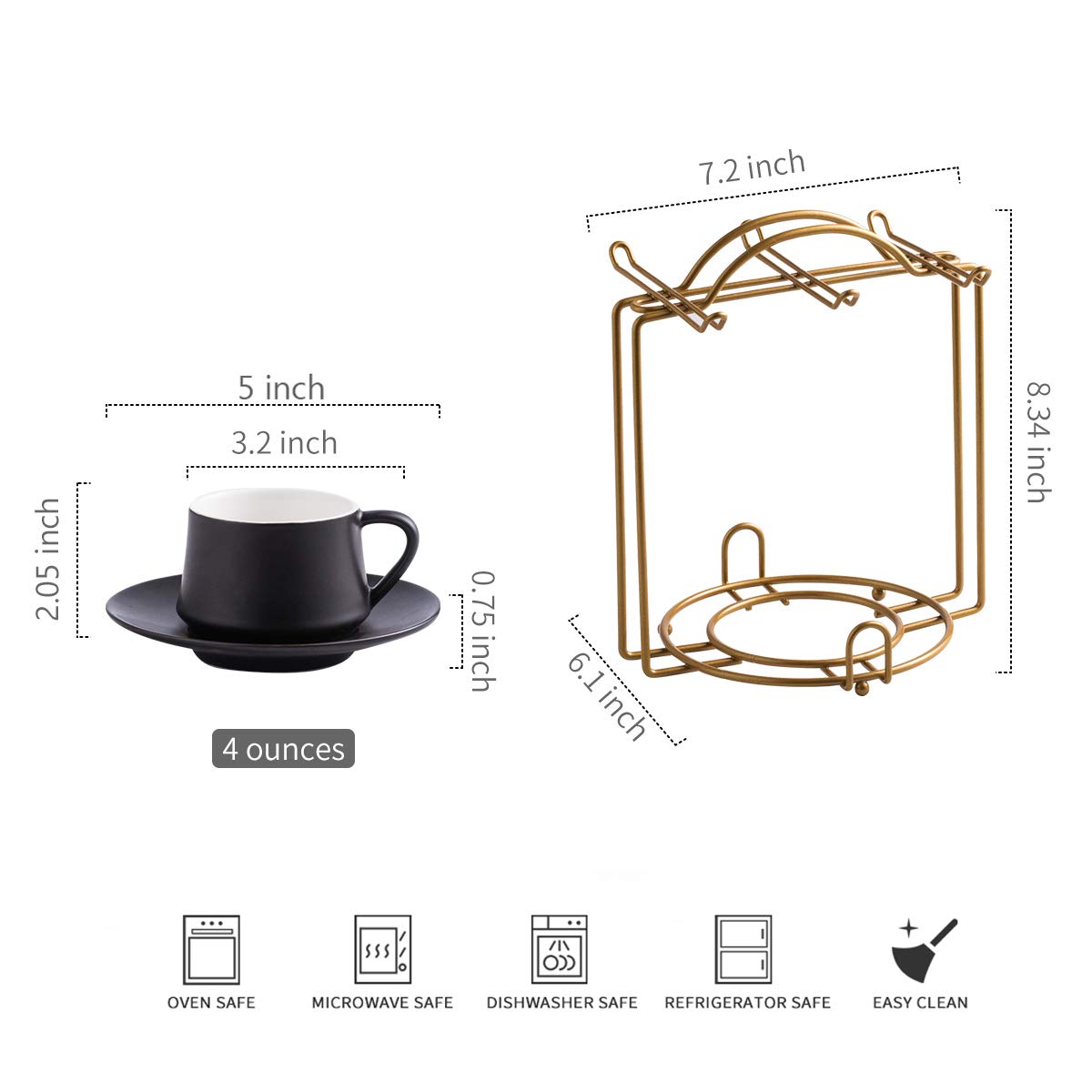 Yhosseun Coffee Espresso Cups With Saucers Set With Cup Holder 4 Oz, Set Of 6 - Demitasse Cups Black