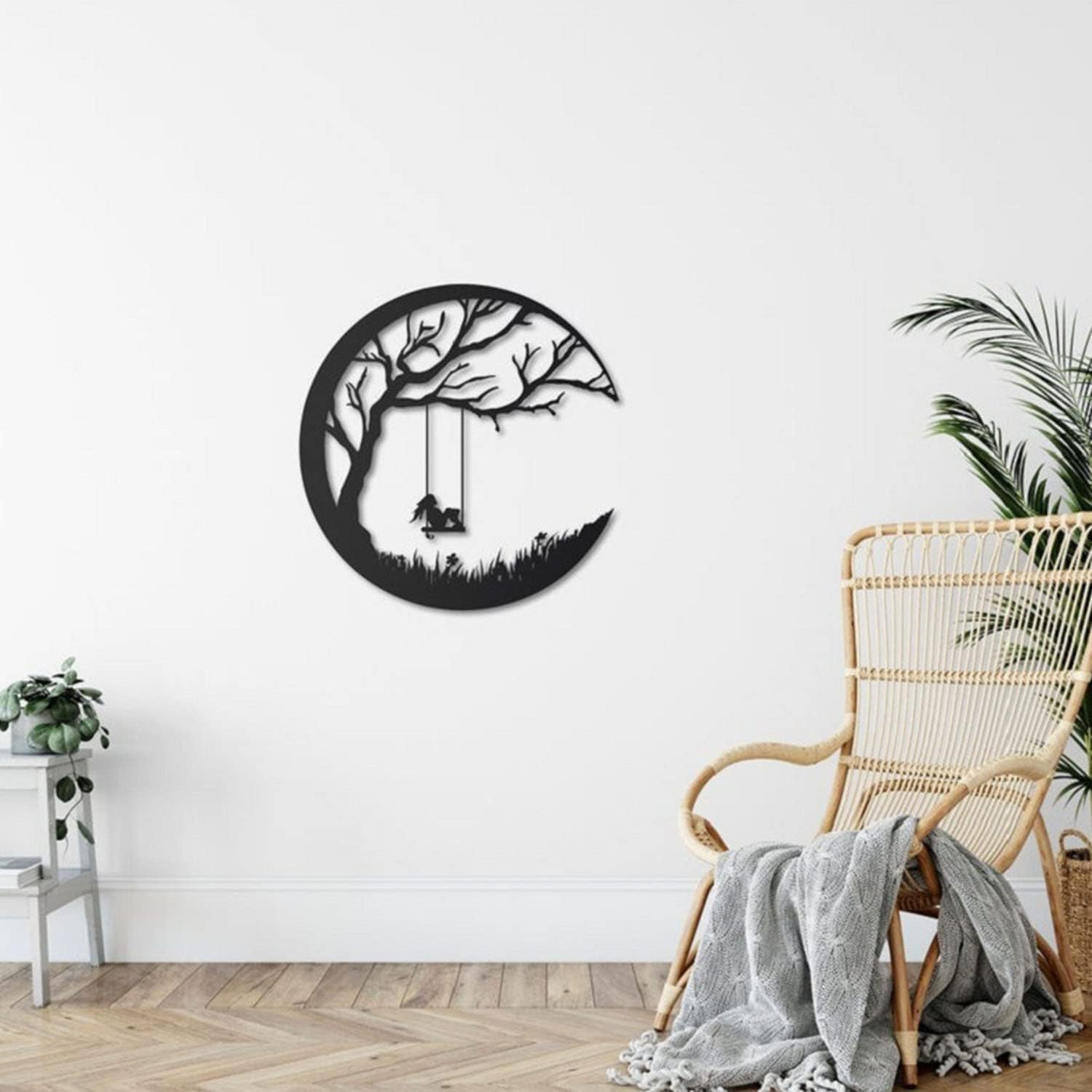 HIRVALL Metal Tree of Life Wall Art Sculpture, Young Woman Tree of Life Wall Art Decoration, Black Moon Wall Silhouette Decor fo