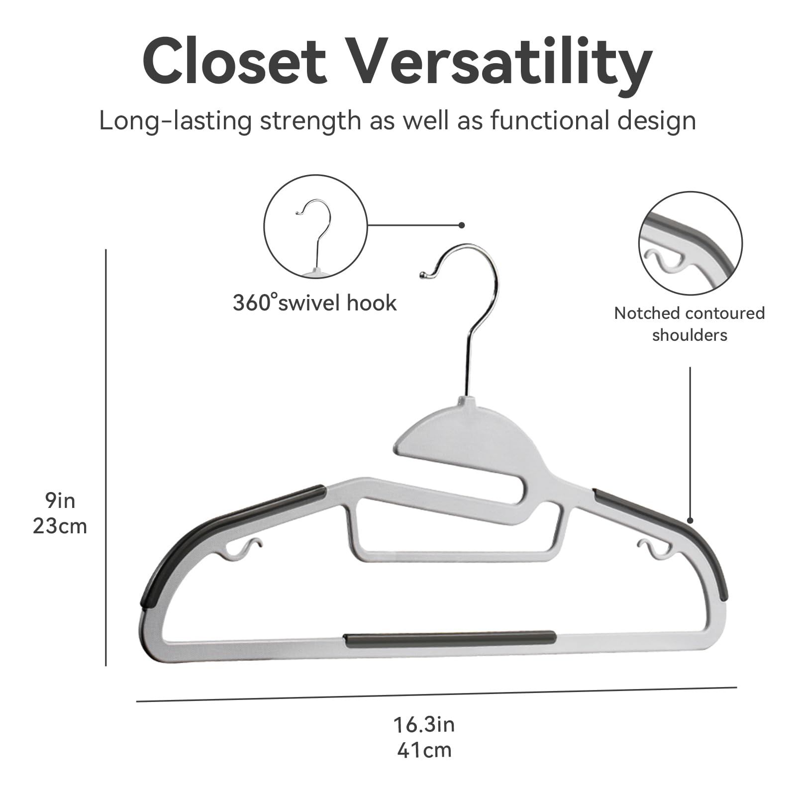 Softflame Plastic Hangers Pack Of 50, Heavy-Duty Non-Slip Clothes Hangers Space Saving With 360 Swivel Hook Grey/Silver