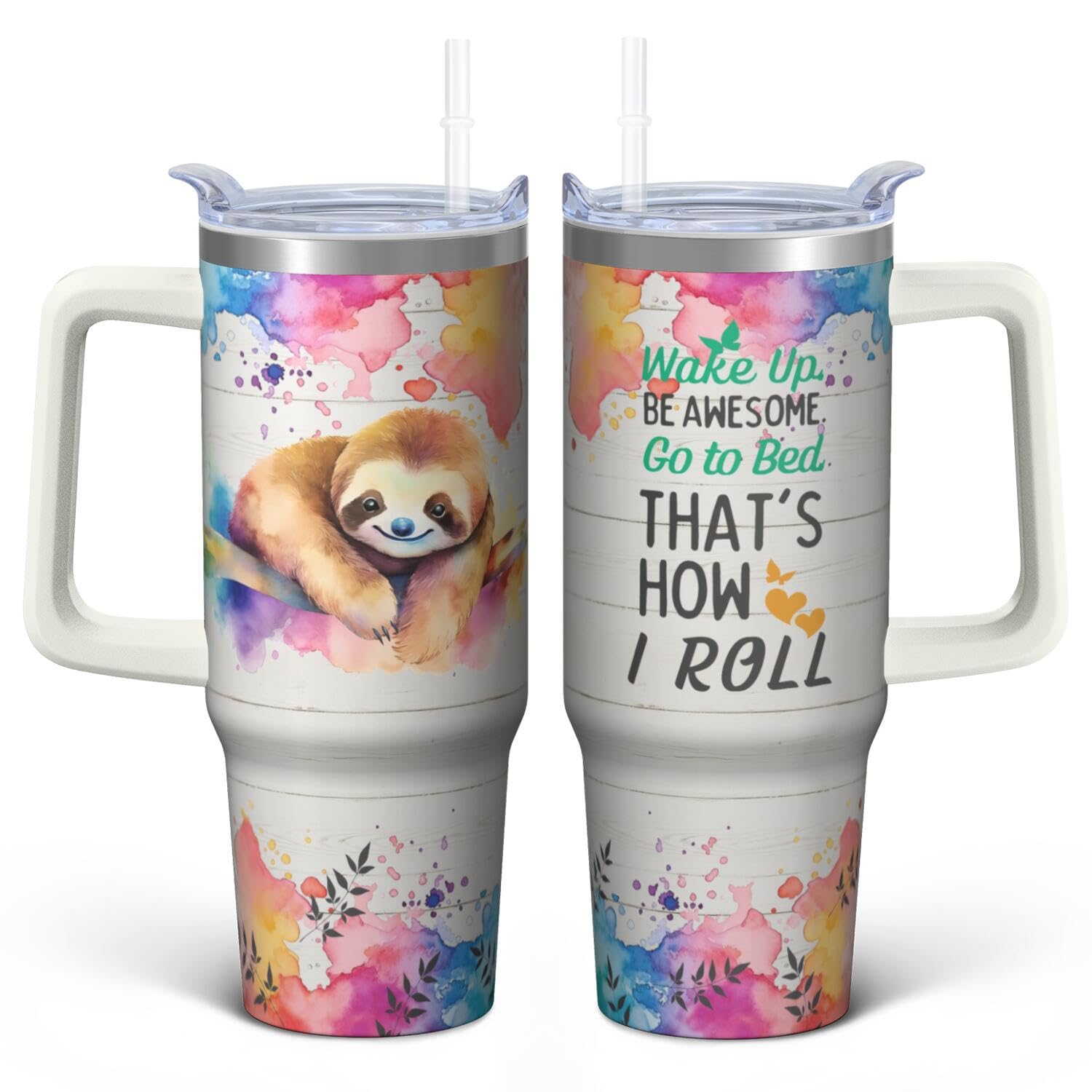 Xchearser Sloth Tumbler with Handle and Straw, 30oz Travel Coffee Mug Water Bottle with Lid, Stainless Steel Insulated Cup, Birt