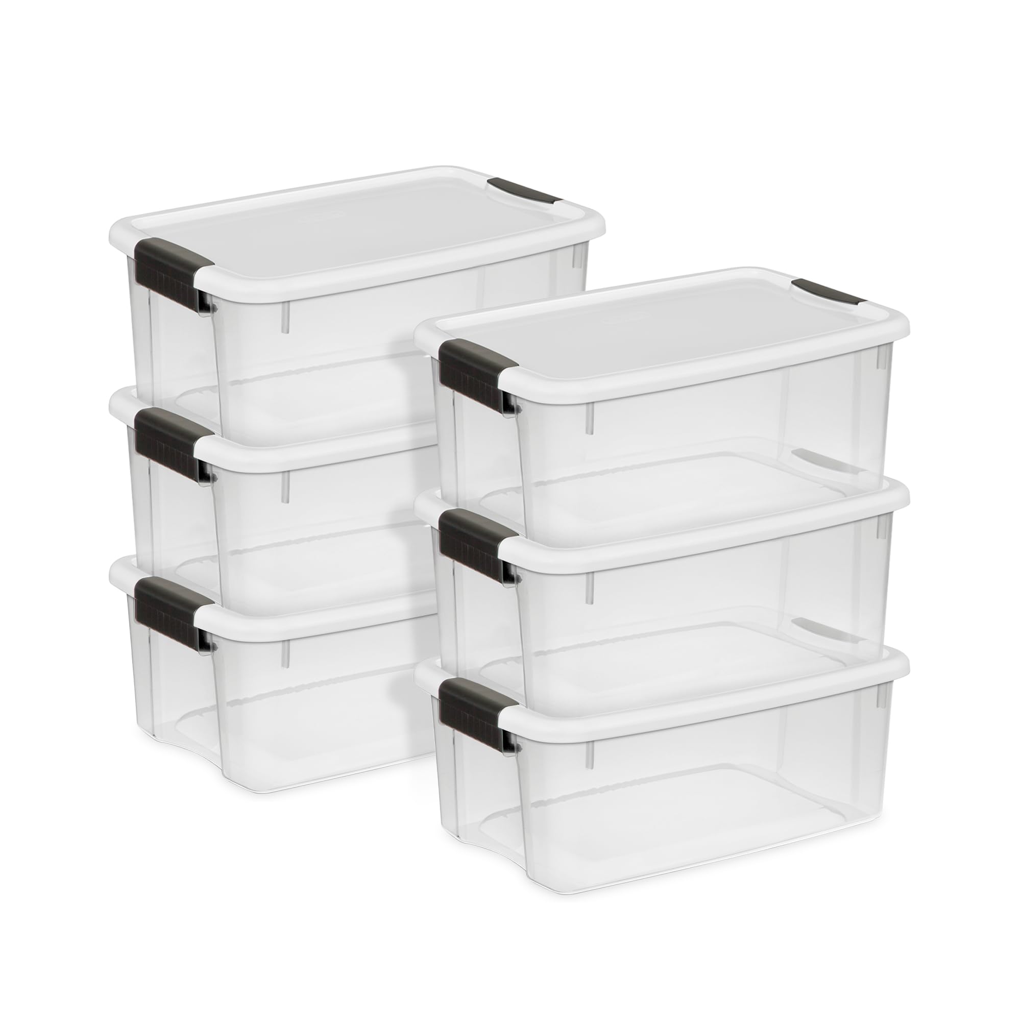 Sterilite 18 Qt Ultra Latch Box  Stackable Storage Bin with Lid  Plastic Container with Heavy Duty Latches to Organize  Clear and White Lid  6-Pack
