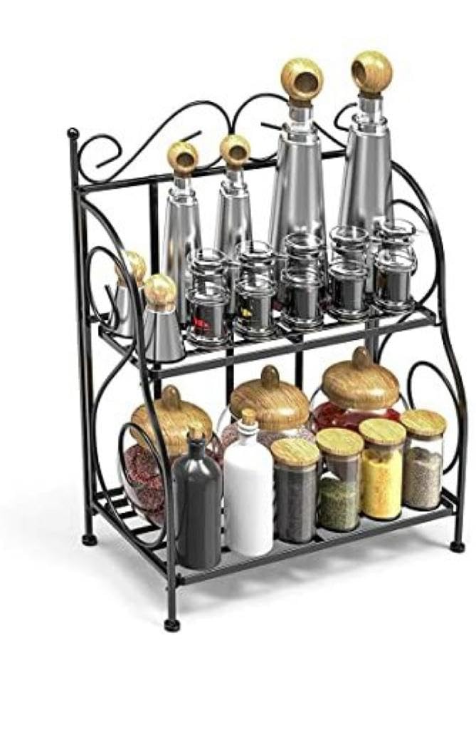 Shamsi Arts Iron Foldable Multipurpose Rack Kitchen 2Tier Standing Storage Organizer Spice Jars Bottle Shelf Holder Iron Wall S