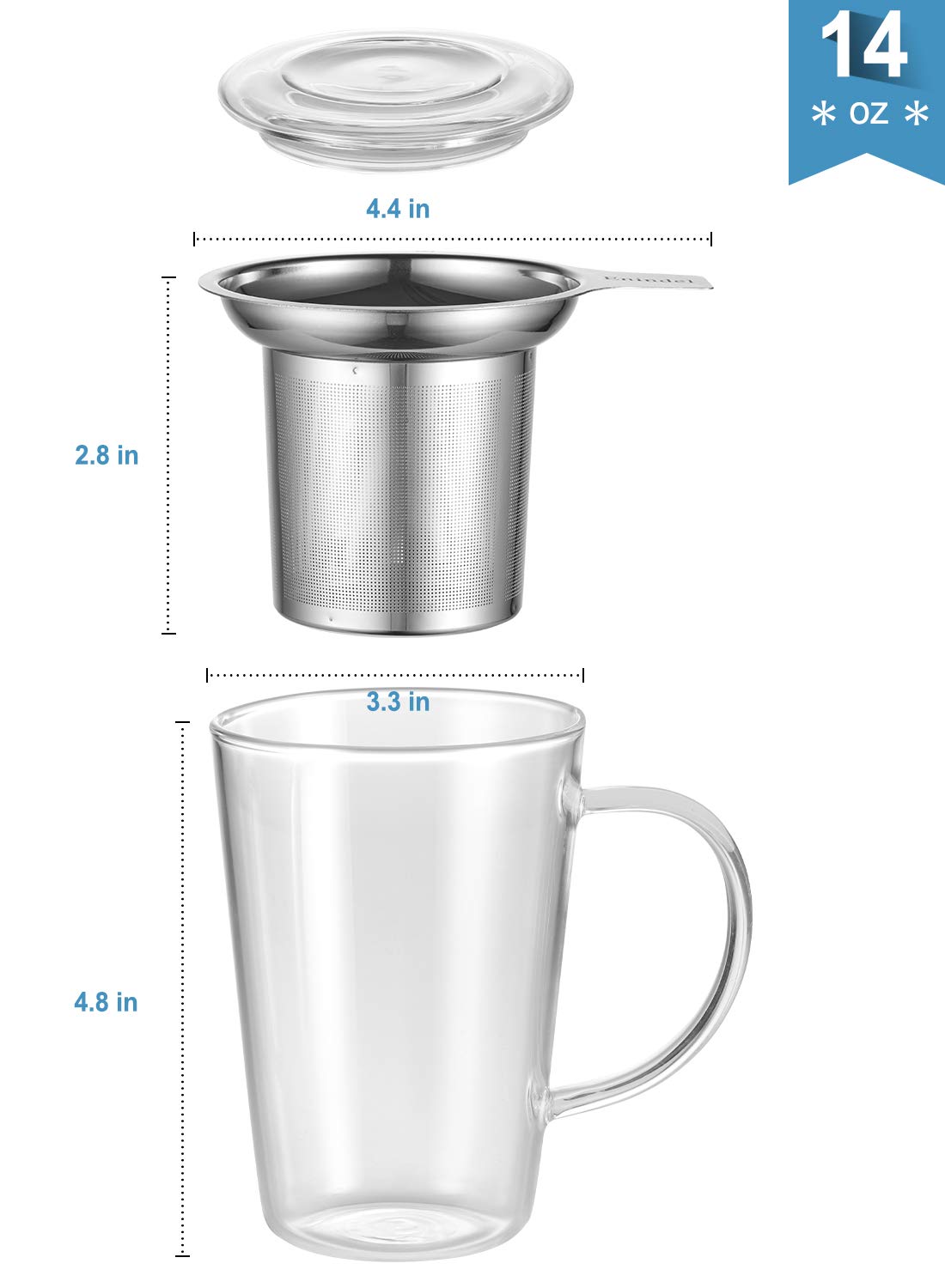 Enindel 3020.01 Glass Tea Mug With Infuser And Lid, Tea Cup, Clear, 14 Oz, Gm001