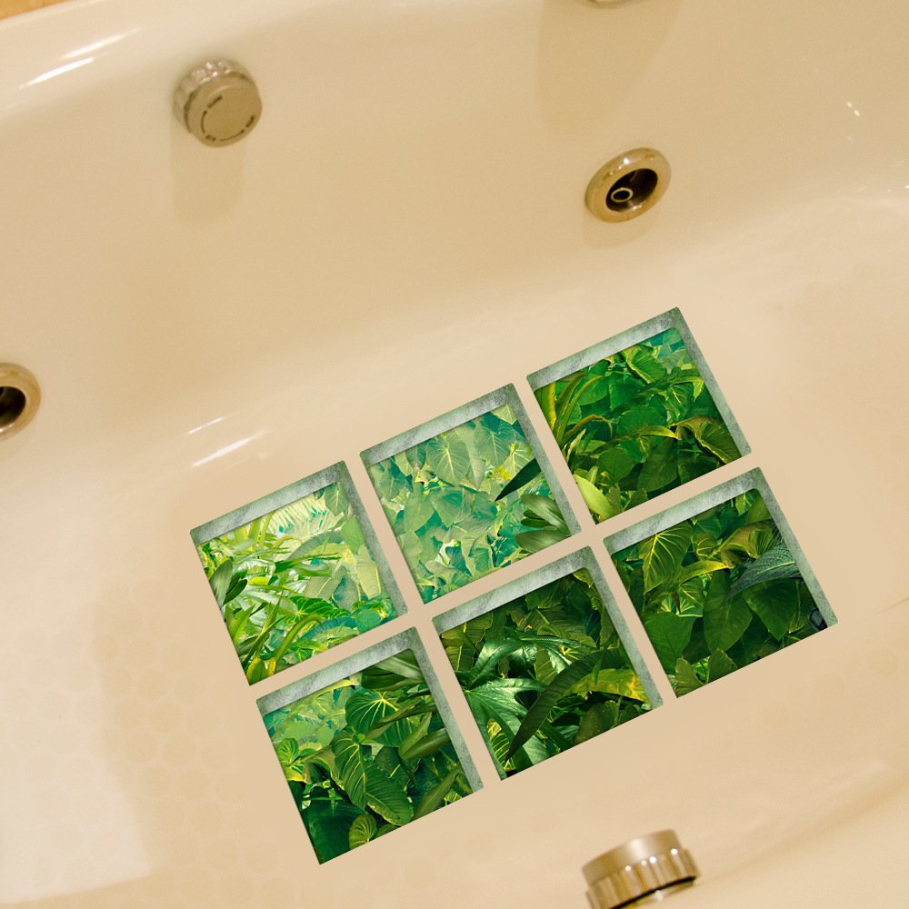ChezMax Bath Treads Stickers Tropical Forest Pattern Square 3D Adhesive Anti Slip Tub Tattoos Safety Decals Mat Waterproof Shower Tub Sticker Bathtub Appliques for Bath Pools Home Decor 5.9'' X 5.9''