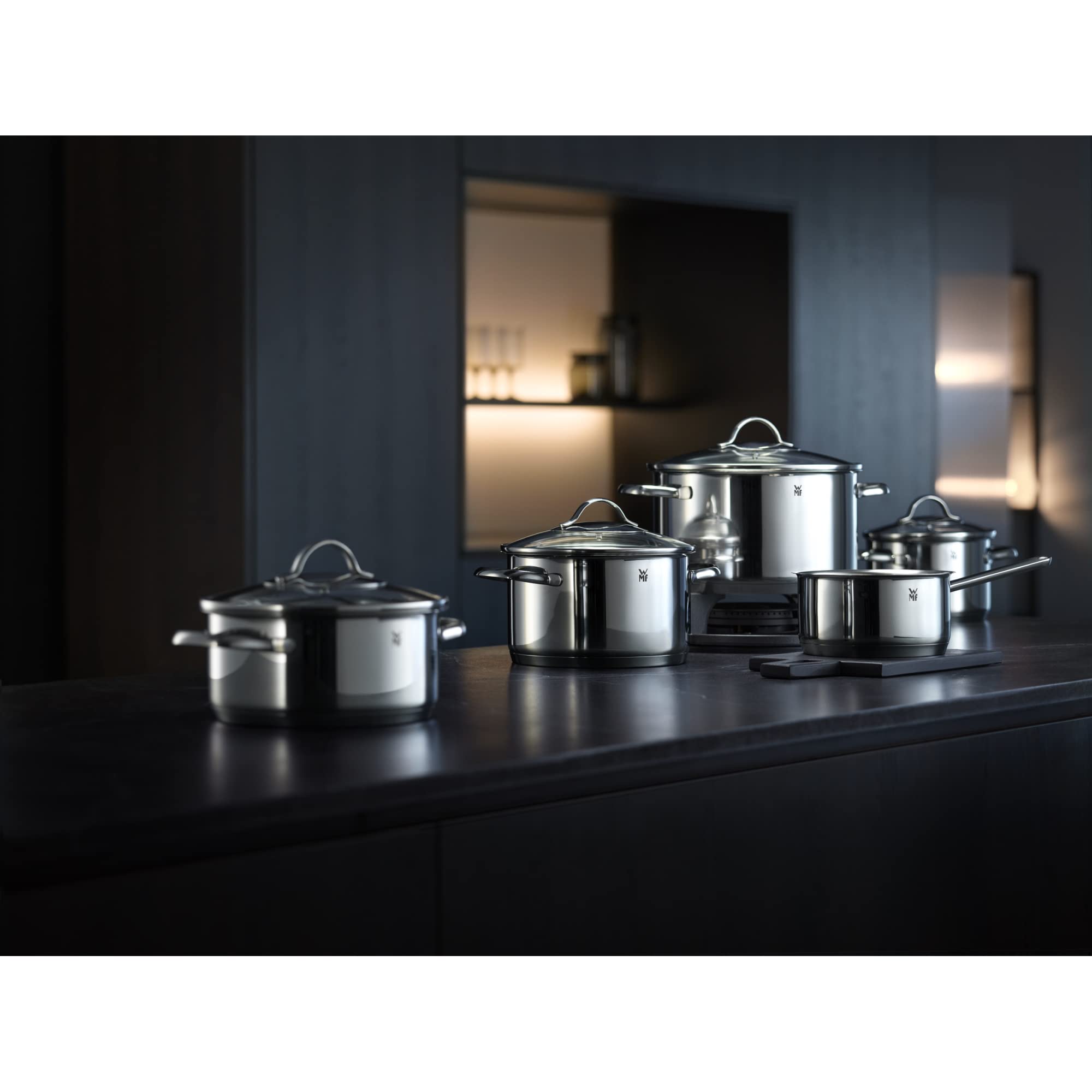 WMF Pot Set 4-Piece, Induction-Suitable, Polished Stainless Steel, Silver, 52.7 x 28.8 x 21.8 cm, Model 723046