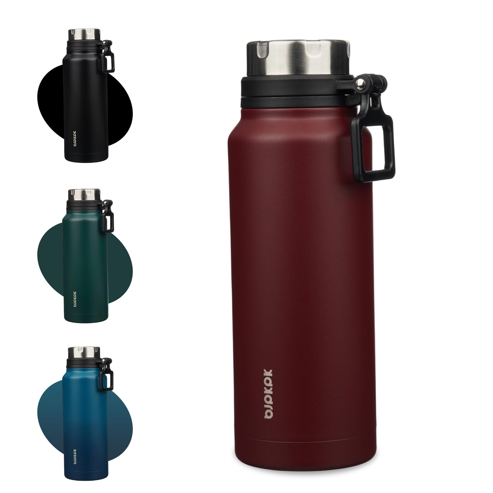 BJPKPK 40oz Insulated Water Bottle with Handle BPA Free Stainless Steel Travel Thermal Flask Reusable Large Water Bottle,Deep Re