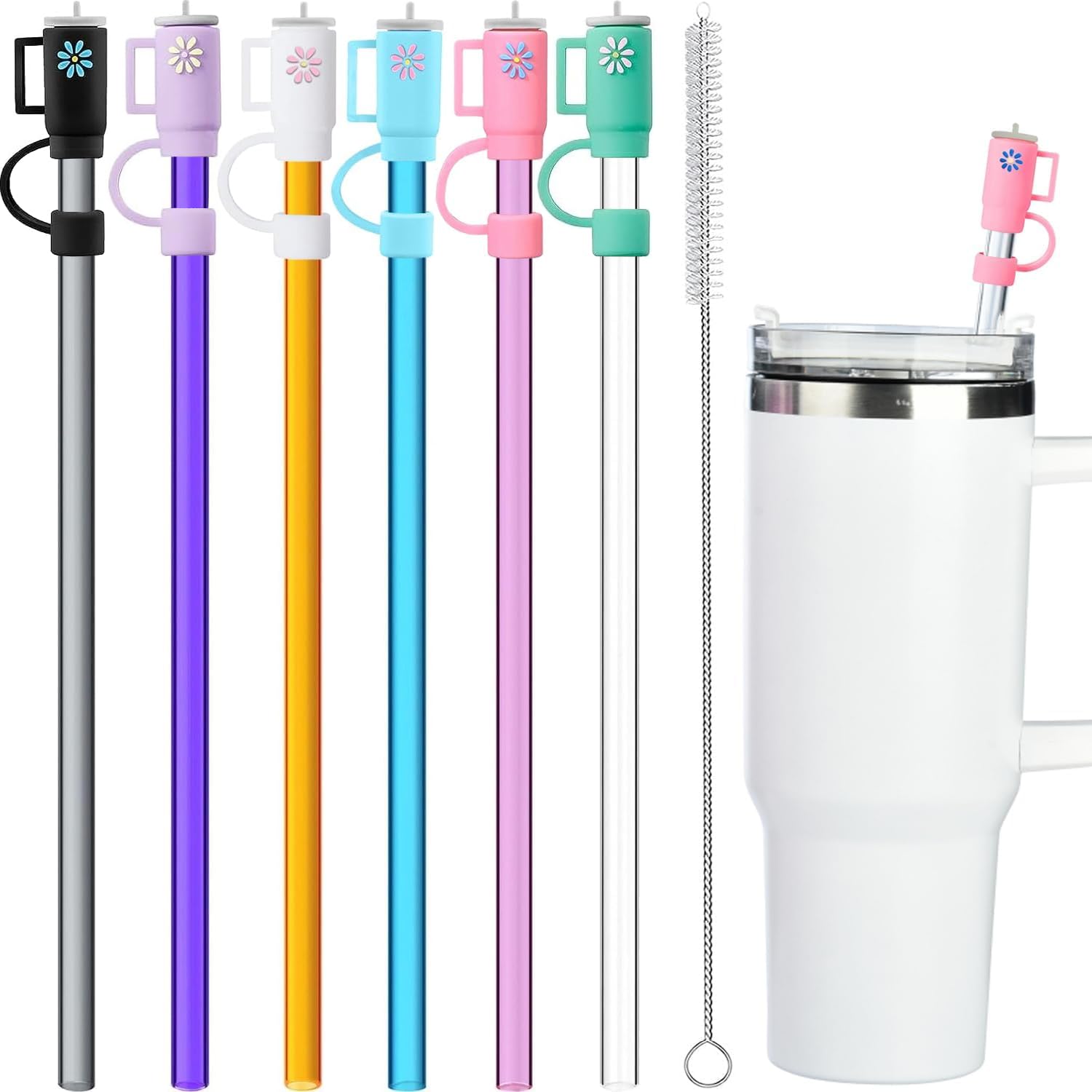 12 Pack Replacement Straws and Covers for 40 oz Stanley Adventure Travel Tumbler Cup, Reusable Plastic Straws with Cleaning Brus
