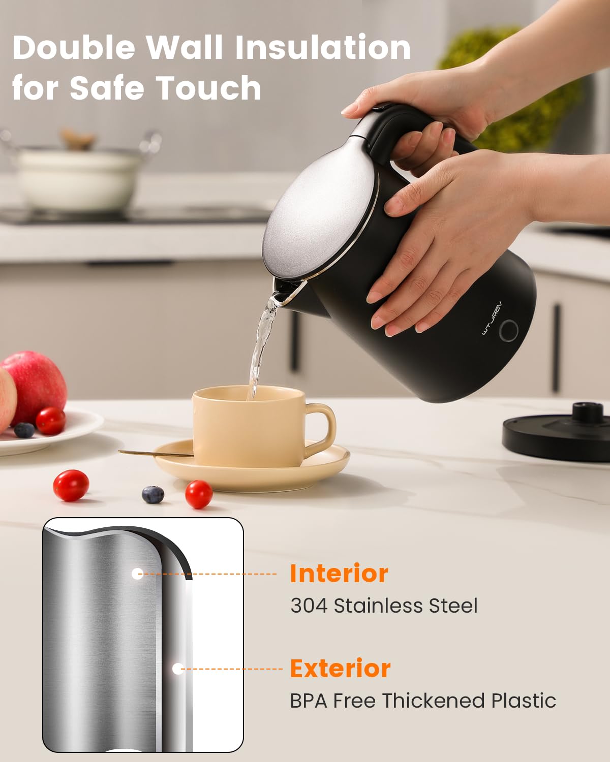 Wtjmov Electric Kettle Stainless Steel, 1.0L Small Water Boiler 1200W Fast Boiling, Double Wall Tea Kettle Pot Automatic Shut Of