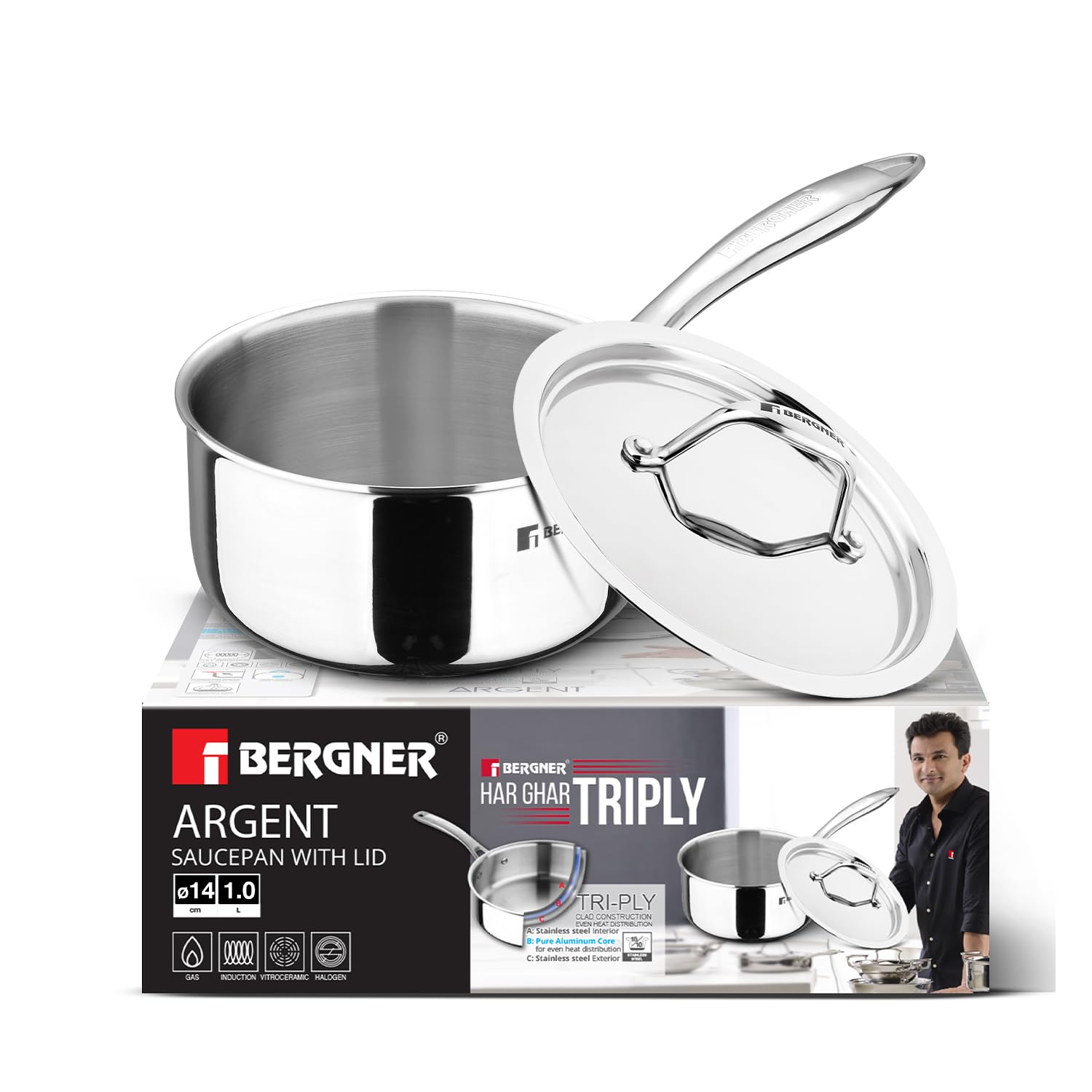Bergner Argent Triply Saucepan With Stainless Steel Lid, 18Cm / 2.2 Litres Teapan/Milkpan, Stay Cool Cast Handle, Food Safe, Hea
