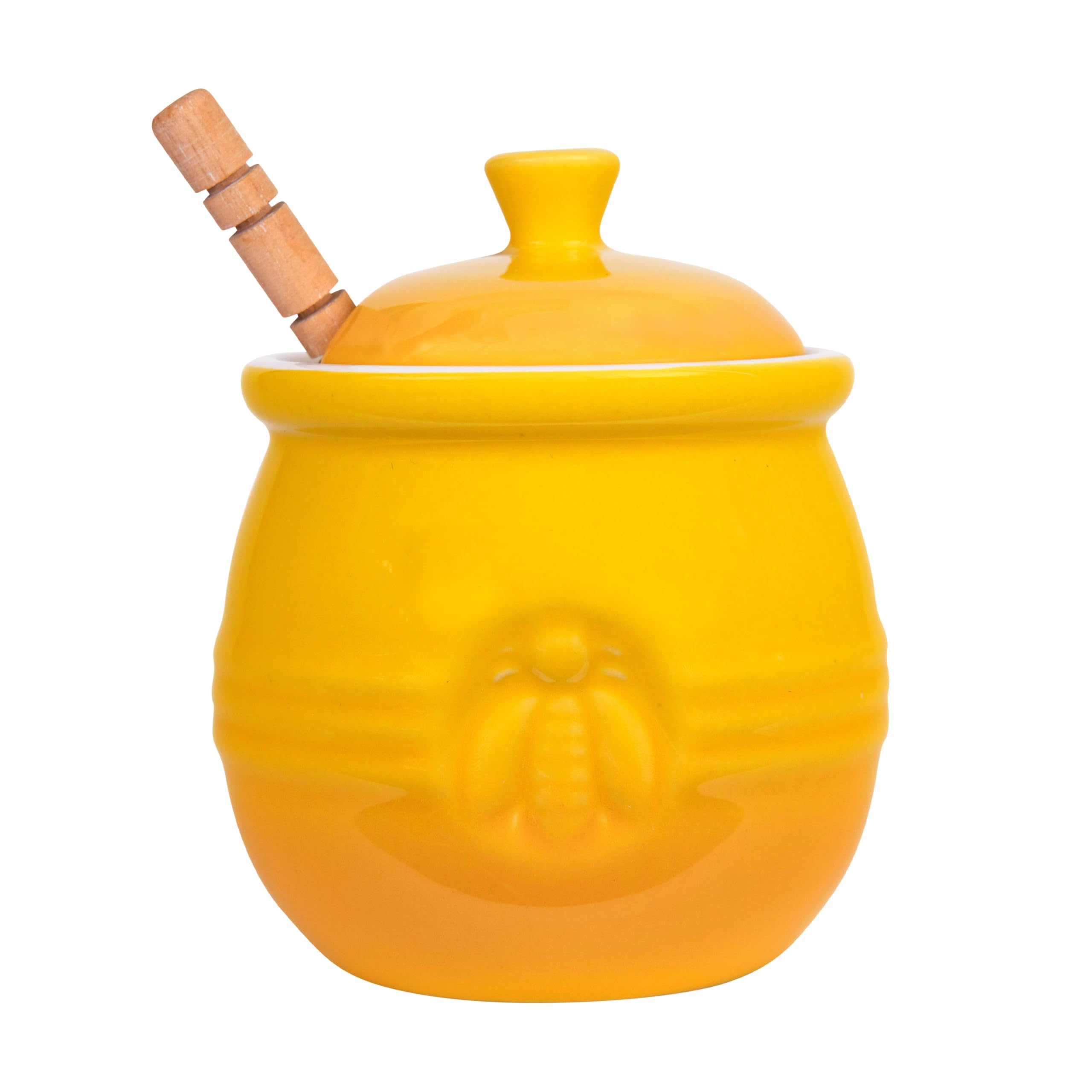 Creative Co-Op Farmhouse Embossed Stoneware Honey Pot with Wood Honey Dipper  Yellow