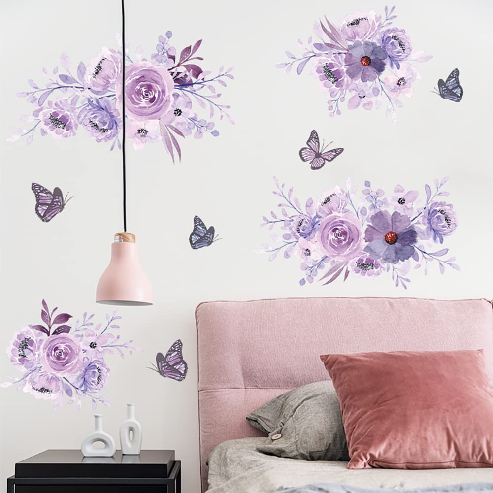 Runtoo Peony Flower Wall Decals Purple Floral Butterfly Wall Art Stickers for Girls Bedroom Living Room Bathroom Nursery Home Decor