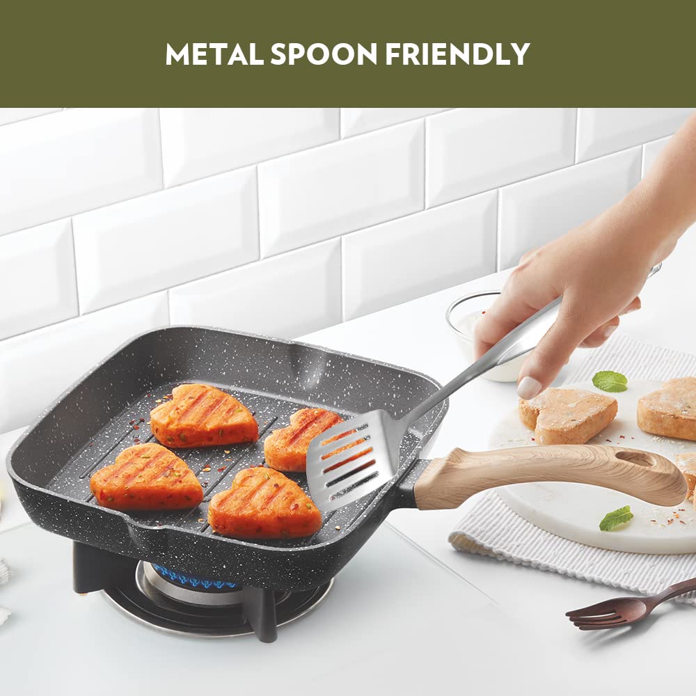 Borosil Vajra Die-Cast Non-Stick Aluminium Square Grill Fry Pan, Frying Pan With Ridges, Black With Wood-Finish Handles, 240 Mm