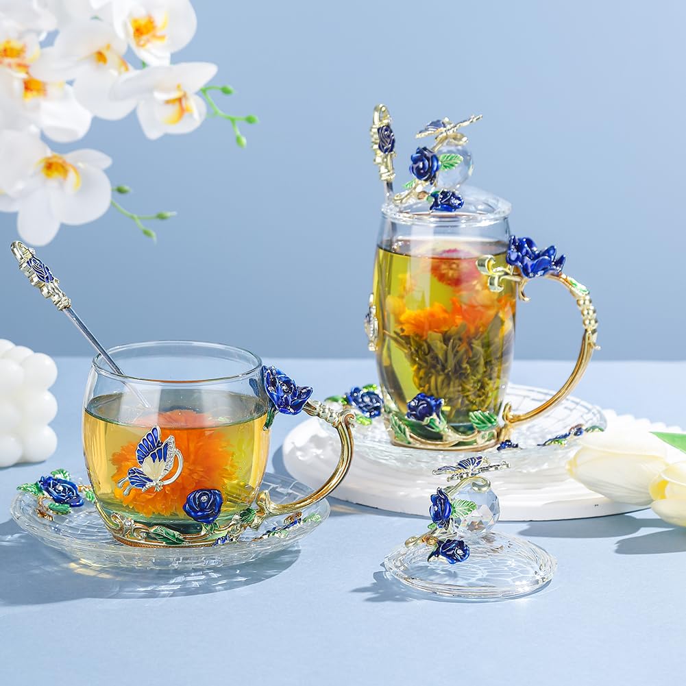 Lantree Glass Coffee Mug Birthday Christmas Gift For Women Mom Sister Girlfriend Coworker Flower Butterfly Tea Cup Antique Coffe